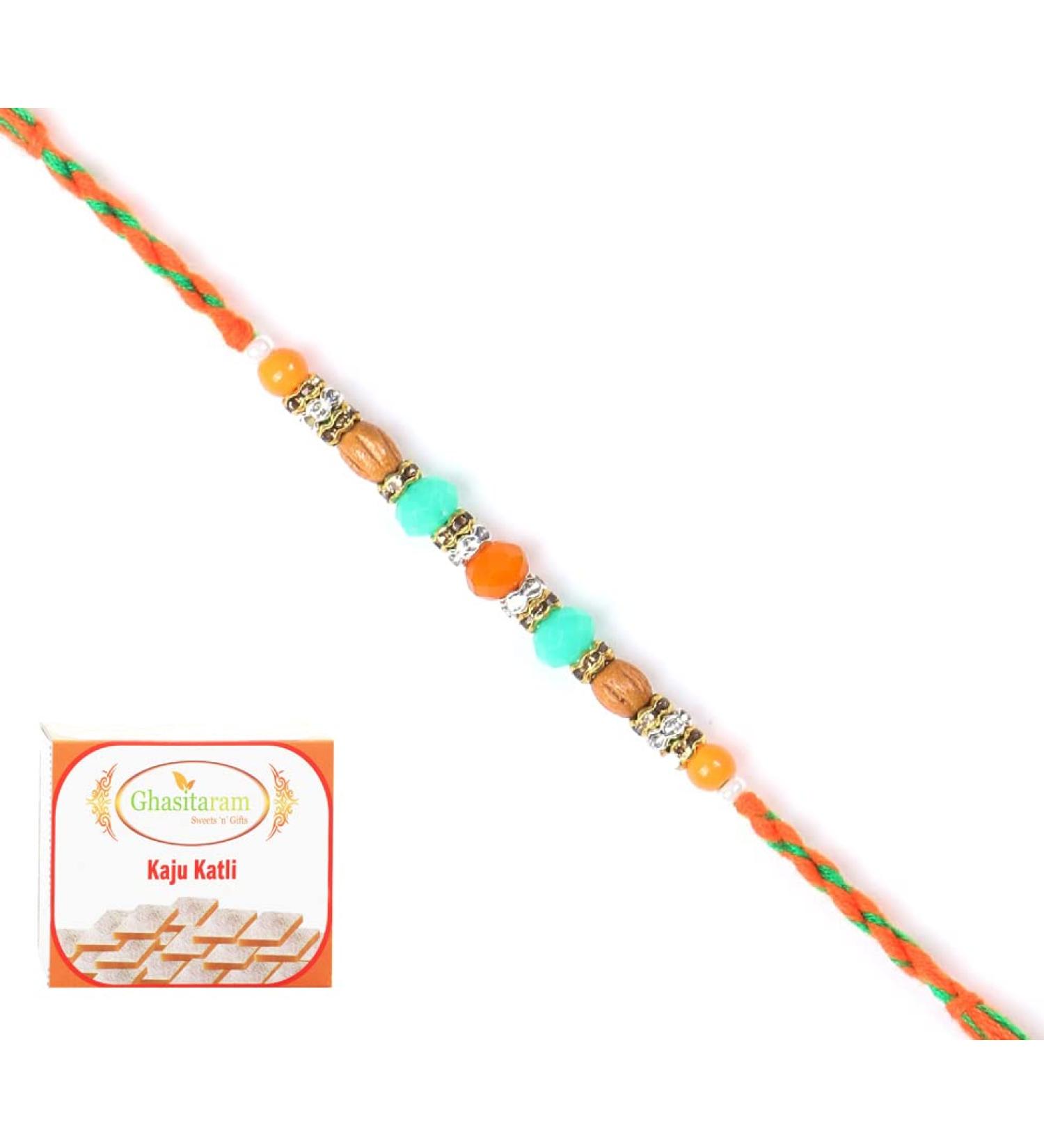 Ghasitaram Gifts Rakhi for Brother Rakhis Online - 6366 Fancy Thread Rakhi with 400 GMS of Kaju katli - Buy Online on GoSupps.com