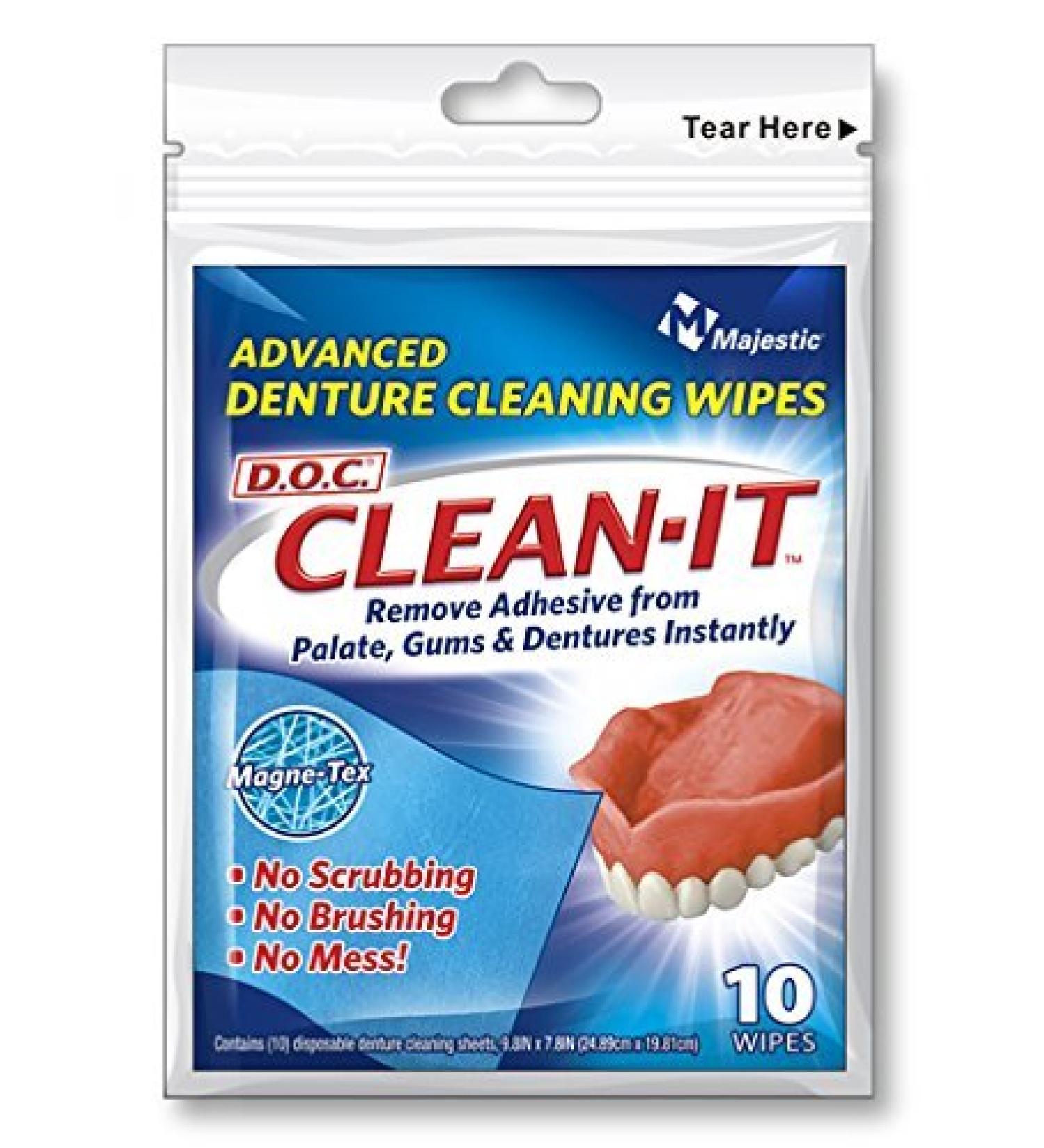 Majestic Drug Clean-It Denture Wipes Travel Size 10 count (Pack of 36)