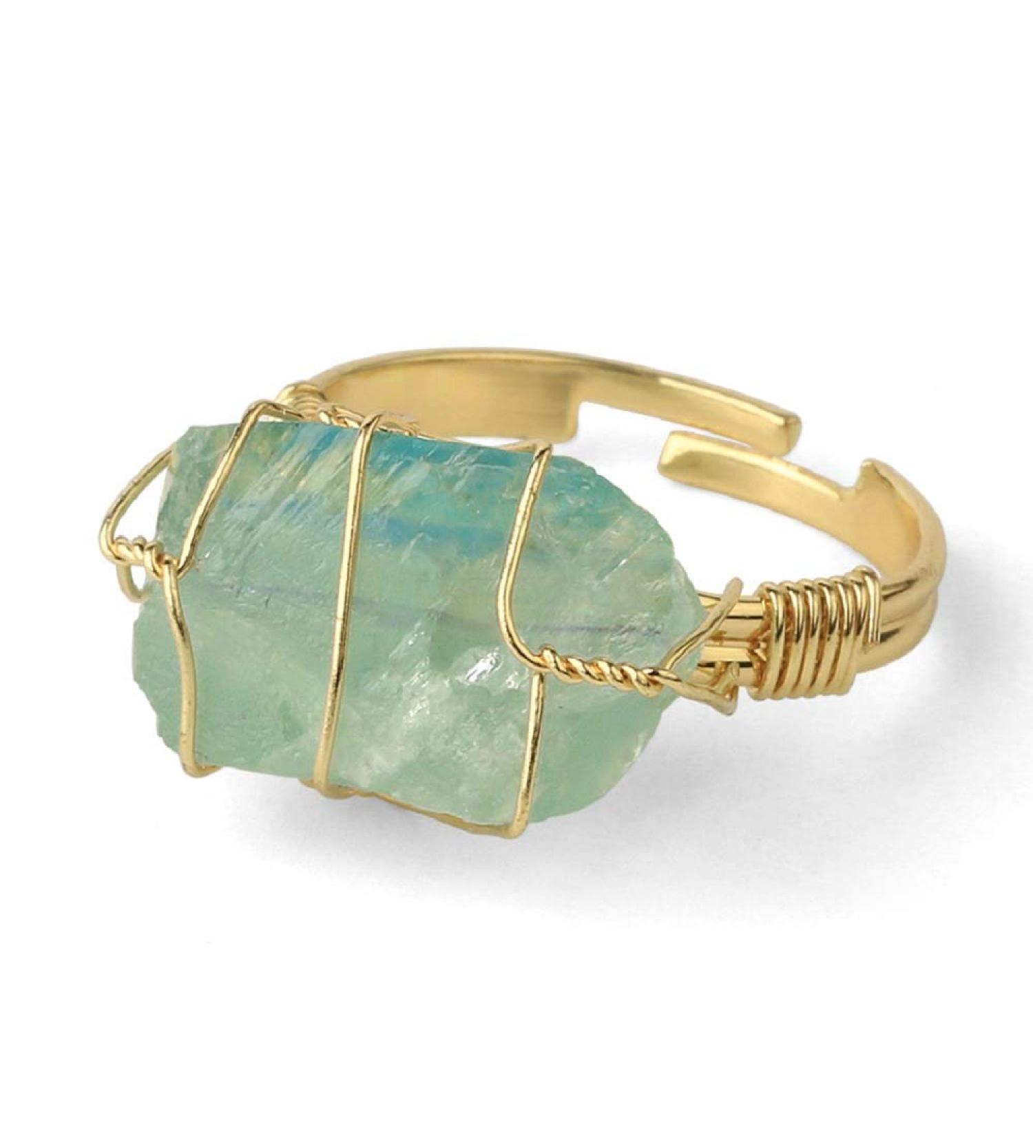COLORFUL BLING Raw Healing Crystal Natural Stone Ring Statement Copper Wire Wrapped Irregular Crystal Gemstone Adjustalble Ring Jewelry for Women Girls Green Fluorite