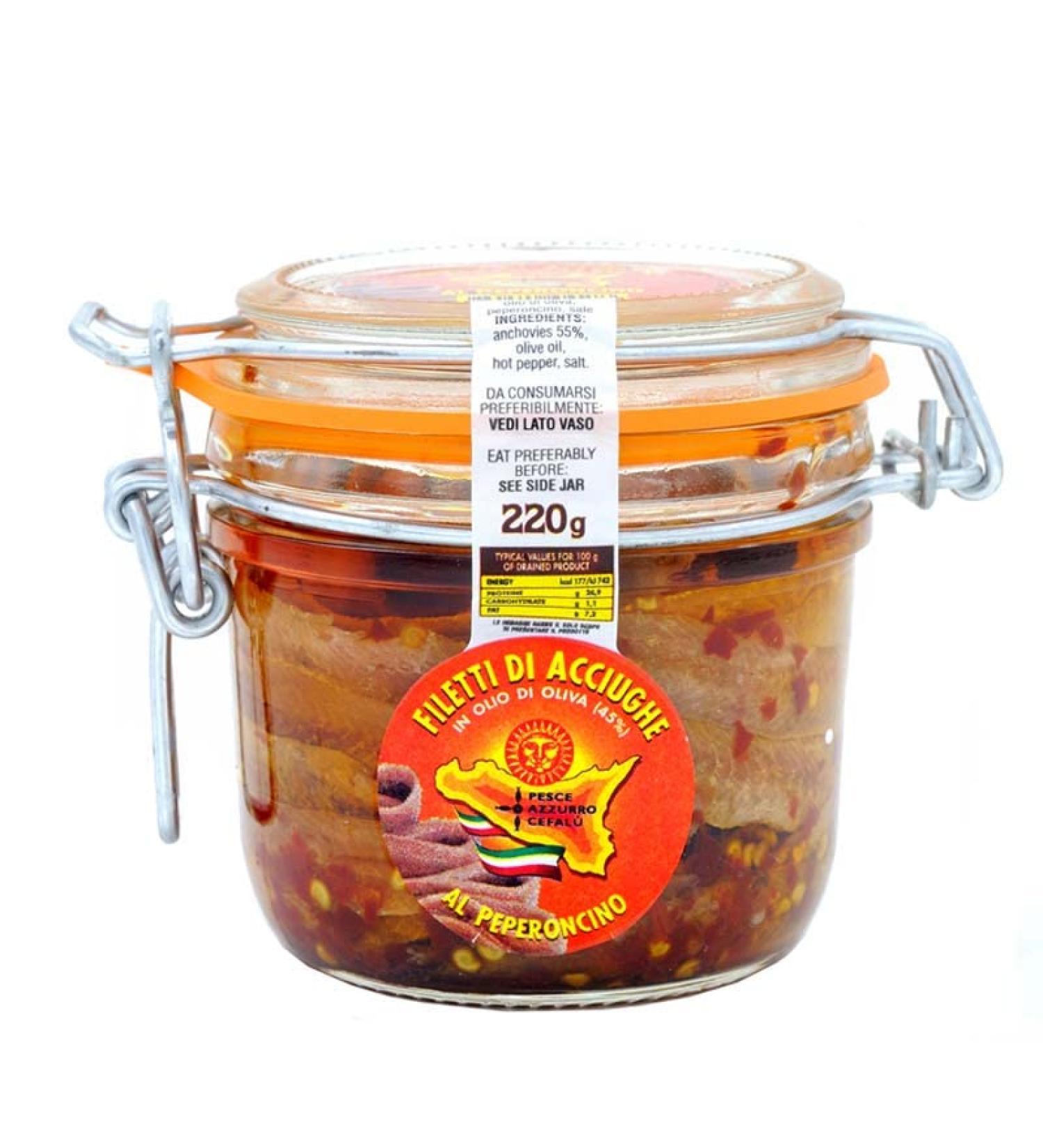 Anchovy fillets in olive oil with peperoncino in an airtight jar 220 gr