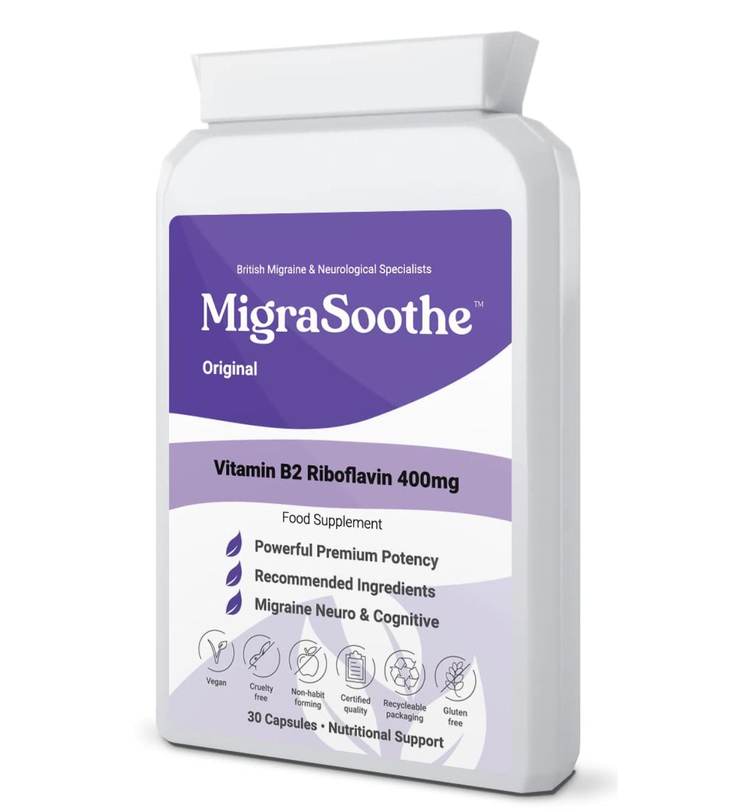 Premium 400mg Vitamin B2 Riboflavin Capsules - Migrasoothe for Migraine Support & Energy - UK Made Vegan Formula (30 Capsules) - Buy Online on GoSupps.com