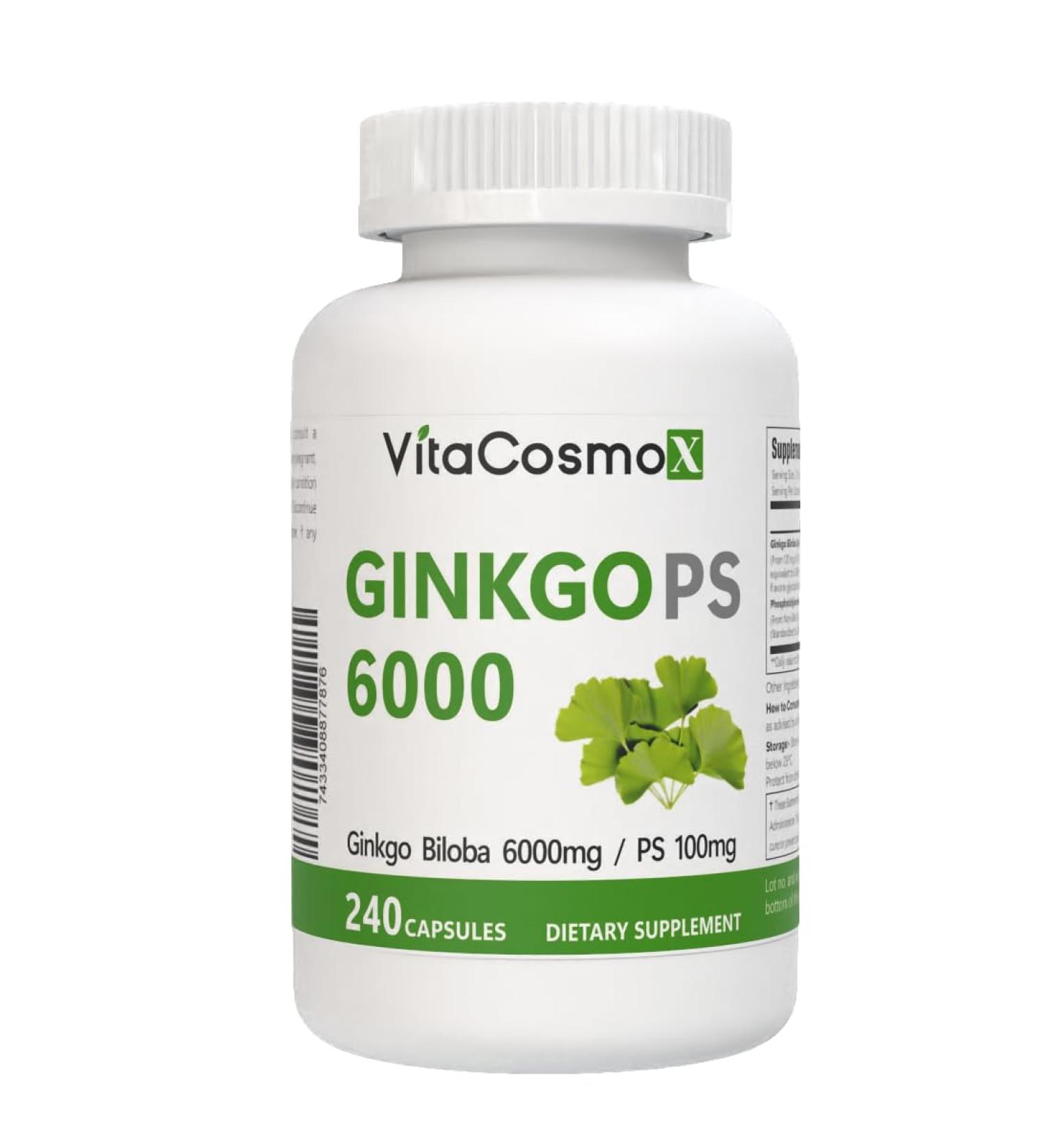 VitaCosmoX Ginkgo Biloba with Phosphatidylserine Complex 240 Vegetarian Capsules Brain Support Supplement - 120 Servings Gluten Free Non-GMO and Vegetarian Friendly - Buy Online on GoSupps.com