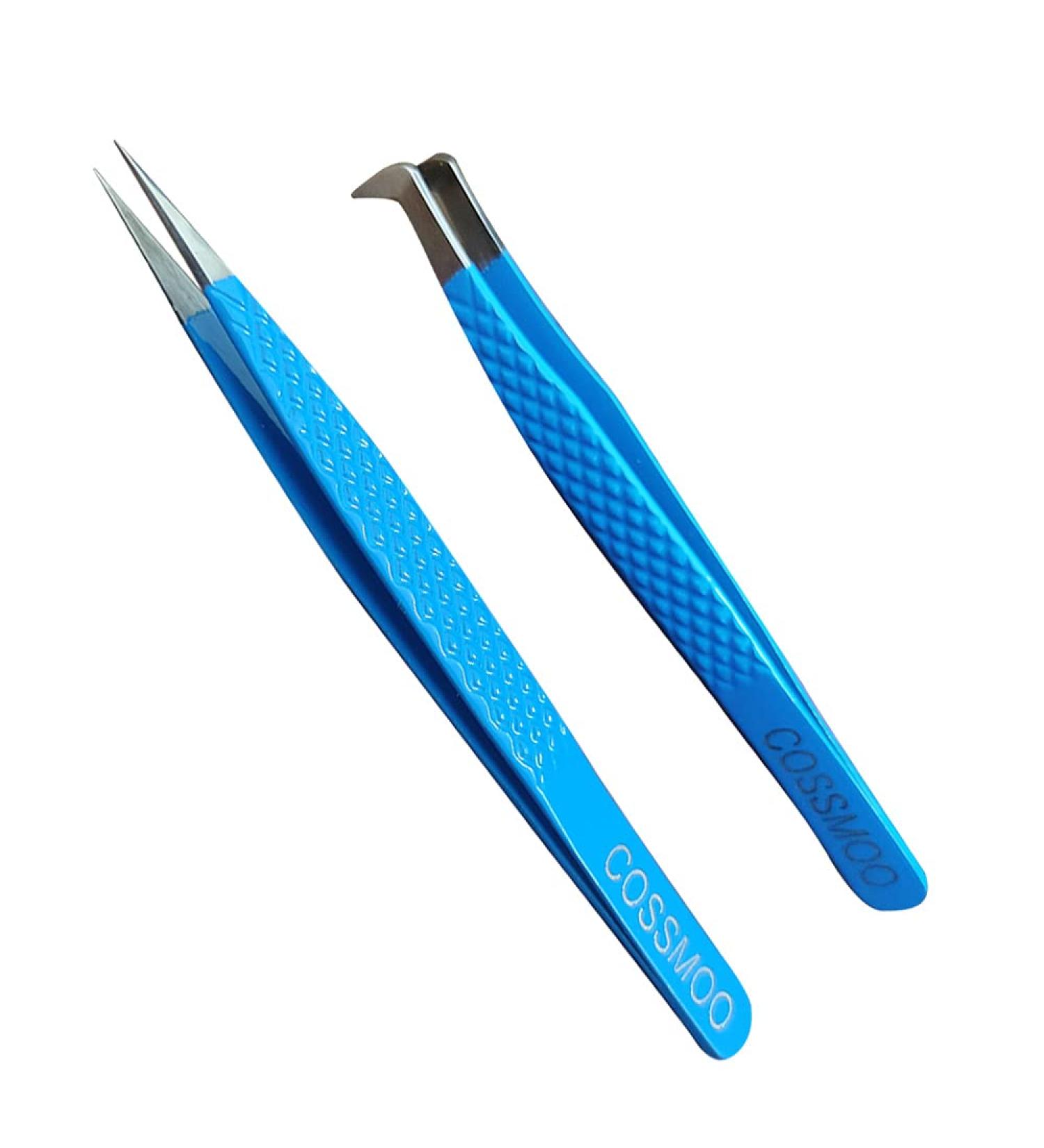 2 Pieces Diamond Grip Eyelash Tweezers Professional Set- COSSMOO Straight And Angled Curved L-Shape Volume Tweezers For Lashes Extension Pointed Individual Application Tweezers For False Lash - Buy Online on GoSupps.com