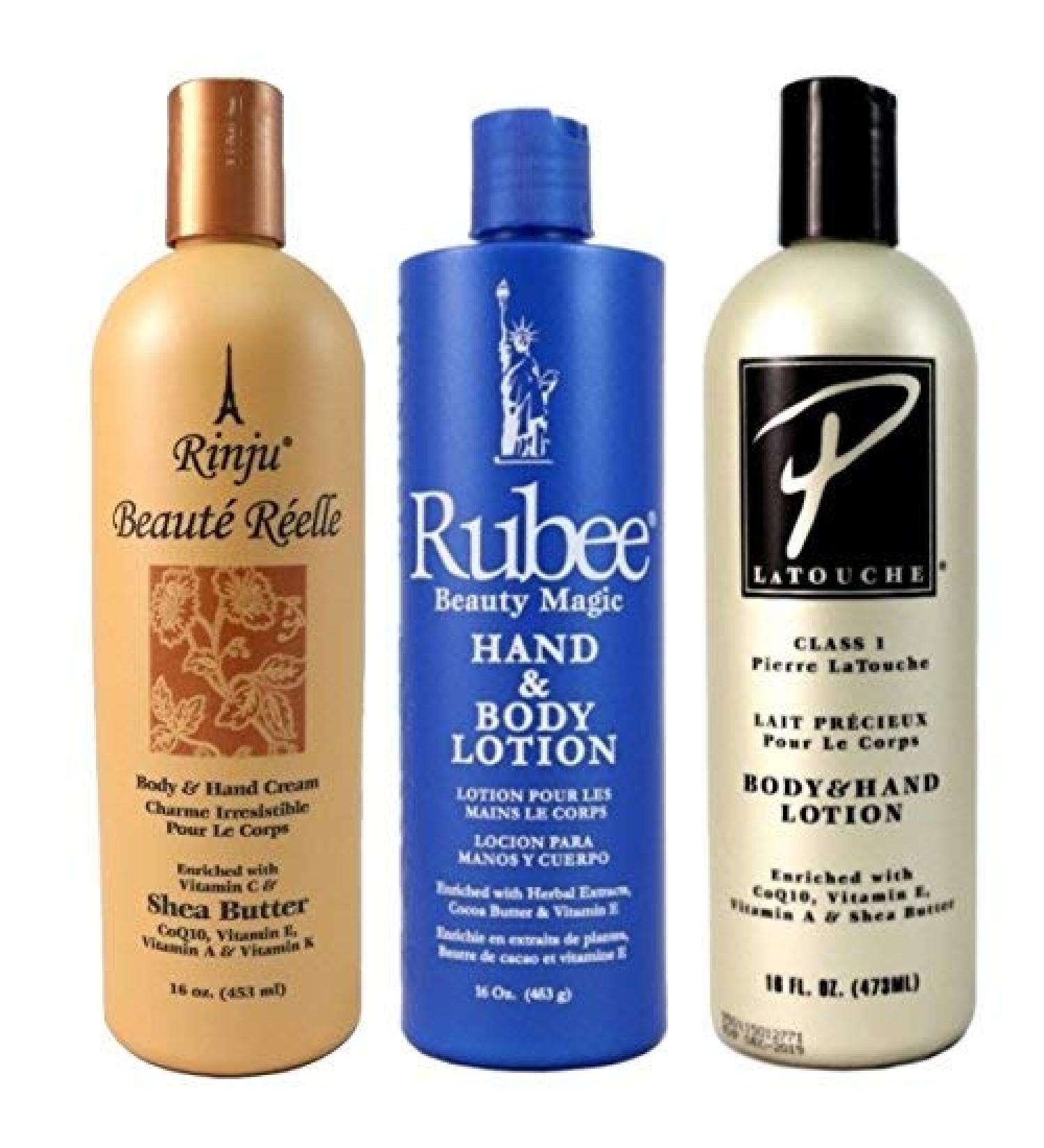 Rubee Pierre La Touche & Rinju Beaute Reelle Lotion 16 oz. (Set of 3) with a Rinju Lotion 2oz Rinju Shea Butter Lotion Bottle