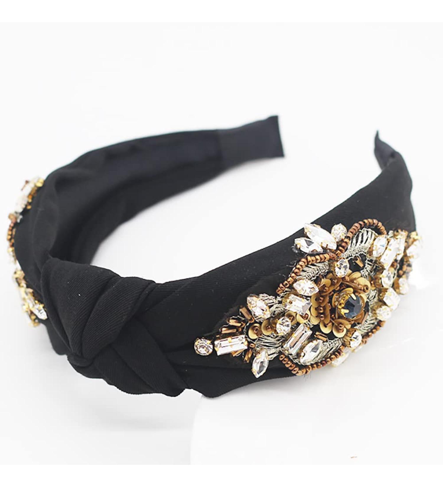 Yusier Baroque Rhinestone Crystal Headband for Women - Exquisite Embroidered Wide Hairband in Black - Buy Online on GoSupps.com