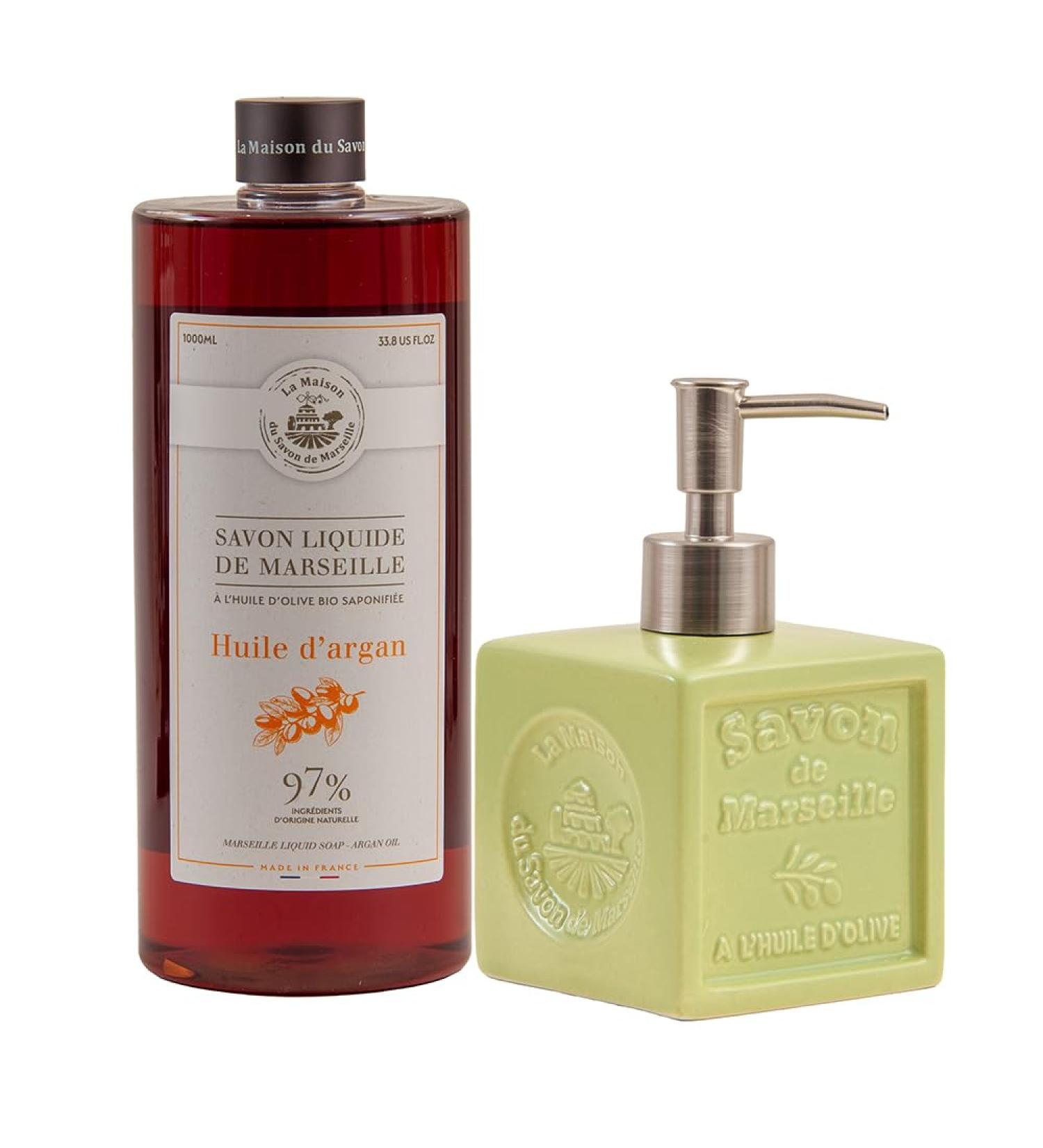 Maison Du Savon De Marseille Argan oil liquid soap with green ceramic soap dispenser 1 liter refill and 300 milliliter dispenser - Buy Online on GoSupps.com