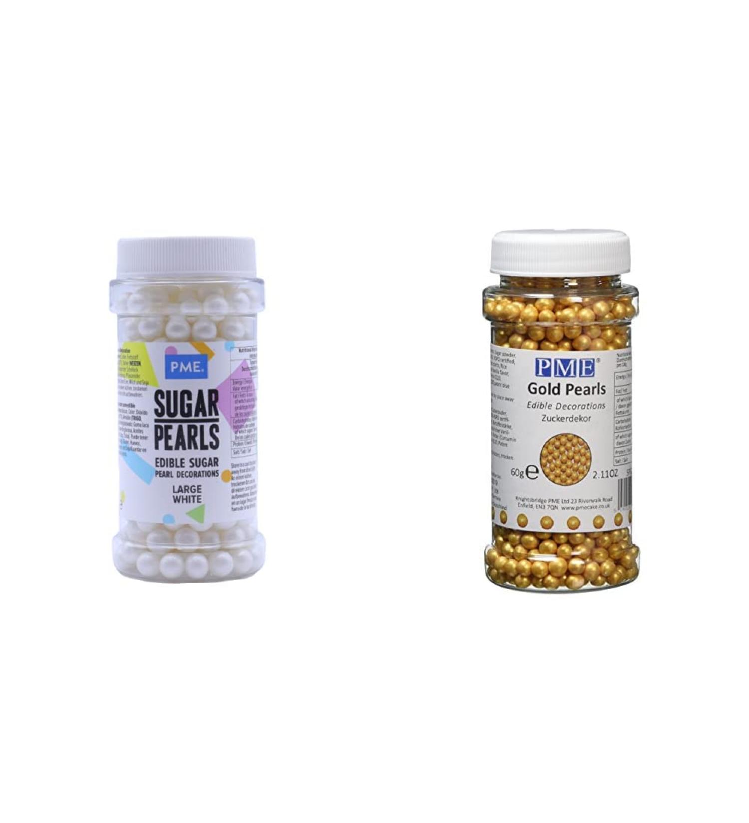 PME Large Sugar Pearls White 90 g & Sugar Pearls Gold 4 mm 60 g 90 g + Sugar Pearls Gold 4 mm 60 g - Buy Online on GoSupps.com