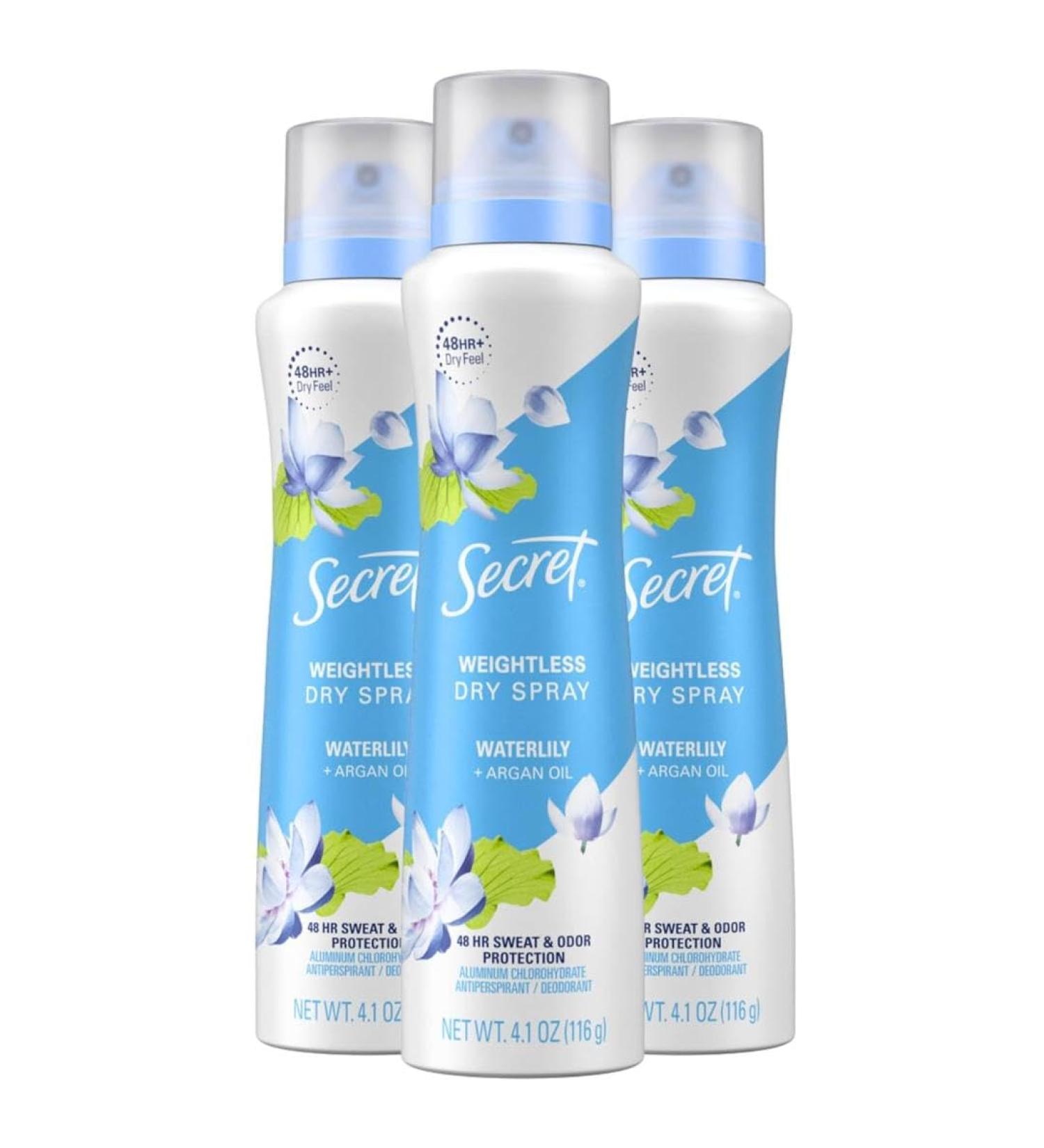 Secret Dry Spray Antiperspirant Deodorant for Women 48hr Weightless Sweat & Odor Protection Gentle on Skin Waterlily & Argan Oil Scent 4.1 oz (Pack of 3) Waterlily & Argan Oil 4.1 Ounce (Pack of 3) - Buy Online on GoSupps.com