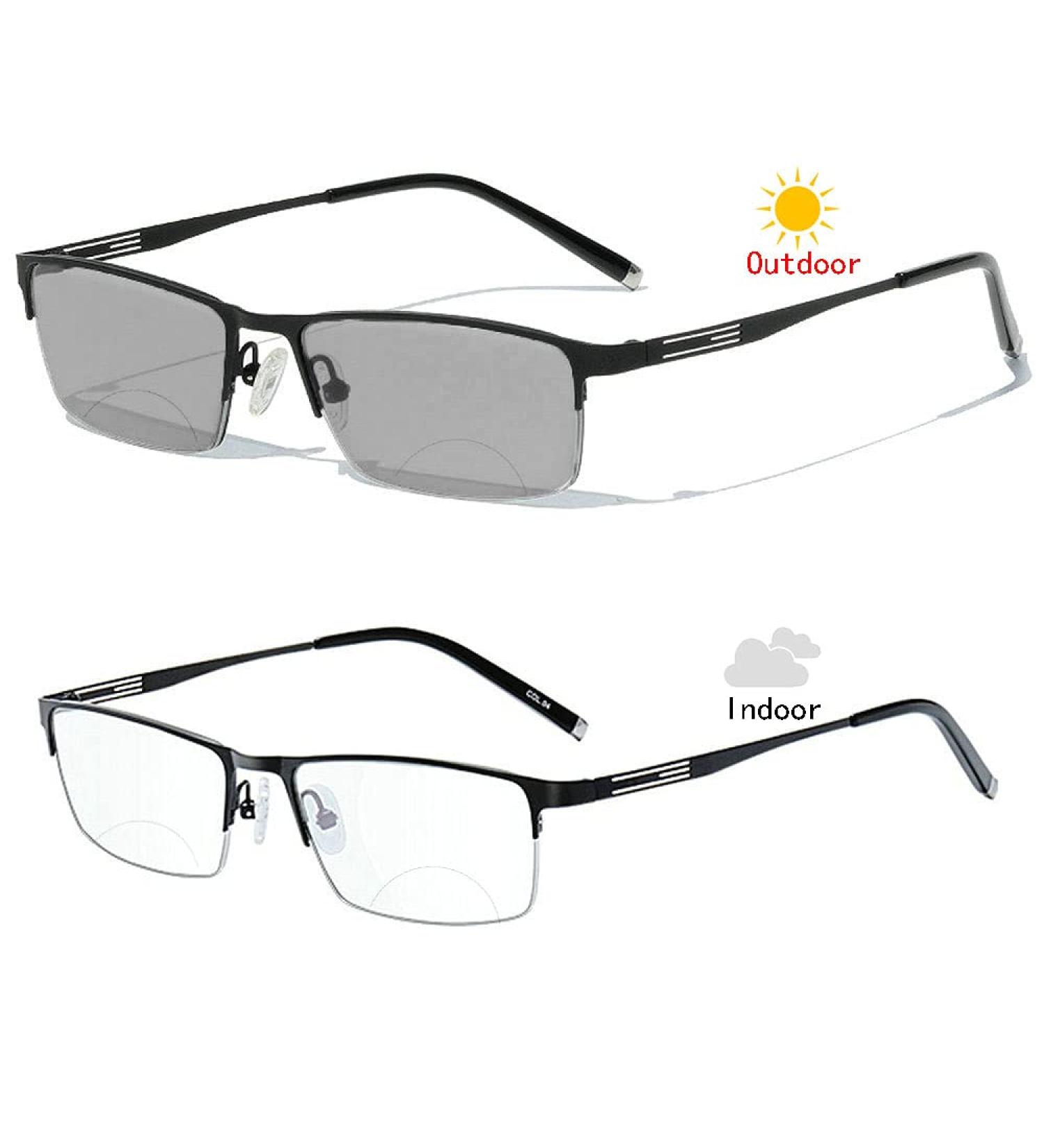 Men's Photochromic Bifocal Reading Glasses Business Sun Metal Frame | 2020 Fashion Eyewear Presbyopia (Black) +1.25 Magnification - Buy Online on GoSupps.com