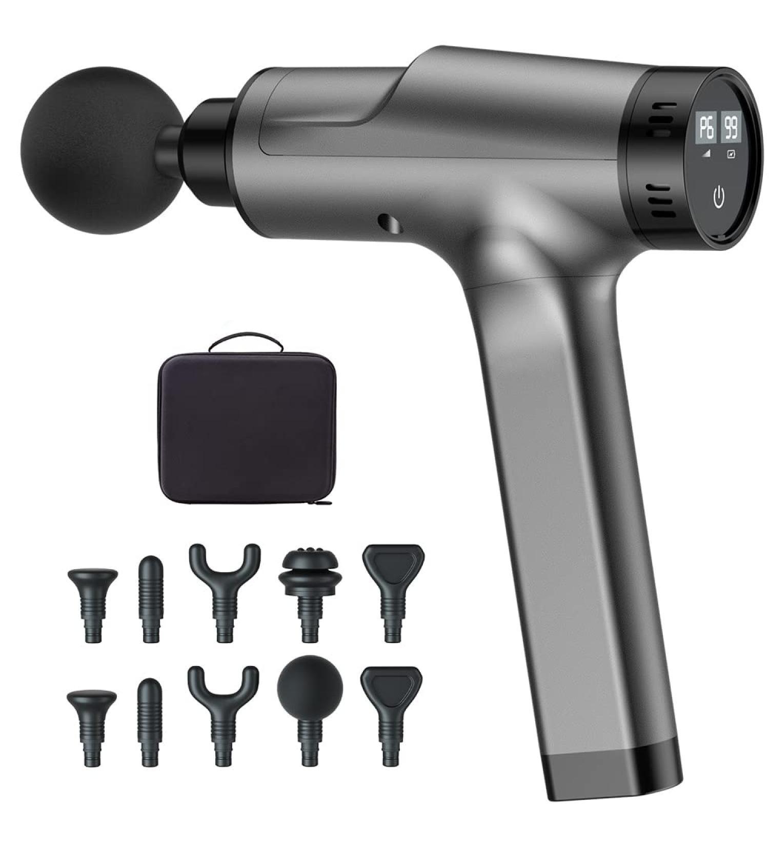Deep Tissue Massage Gun - Handheld Electric Body Back Massager for Athletes | High Percussion Muscle Device with 10 Attachments - Silver - Buy Online on GoSupps.com