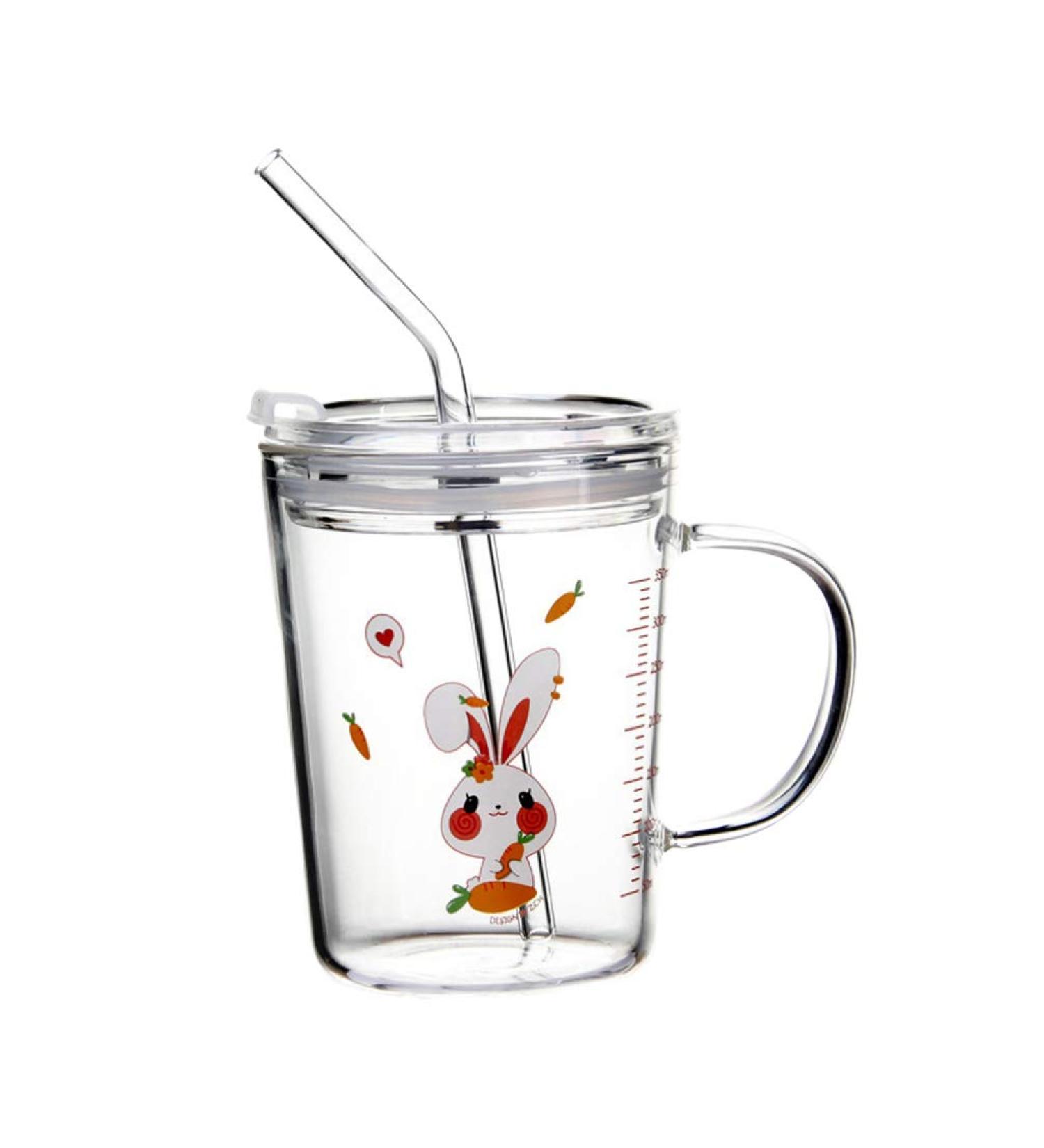 DOITOOL Glass Tumbler with Handle and Clear Lid of Scale and Straw Kids Cups Toddler cups with Straws (Pink Rabbit) Color 2 - Buy Online on GoSupps.com