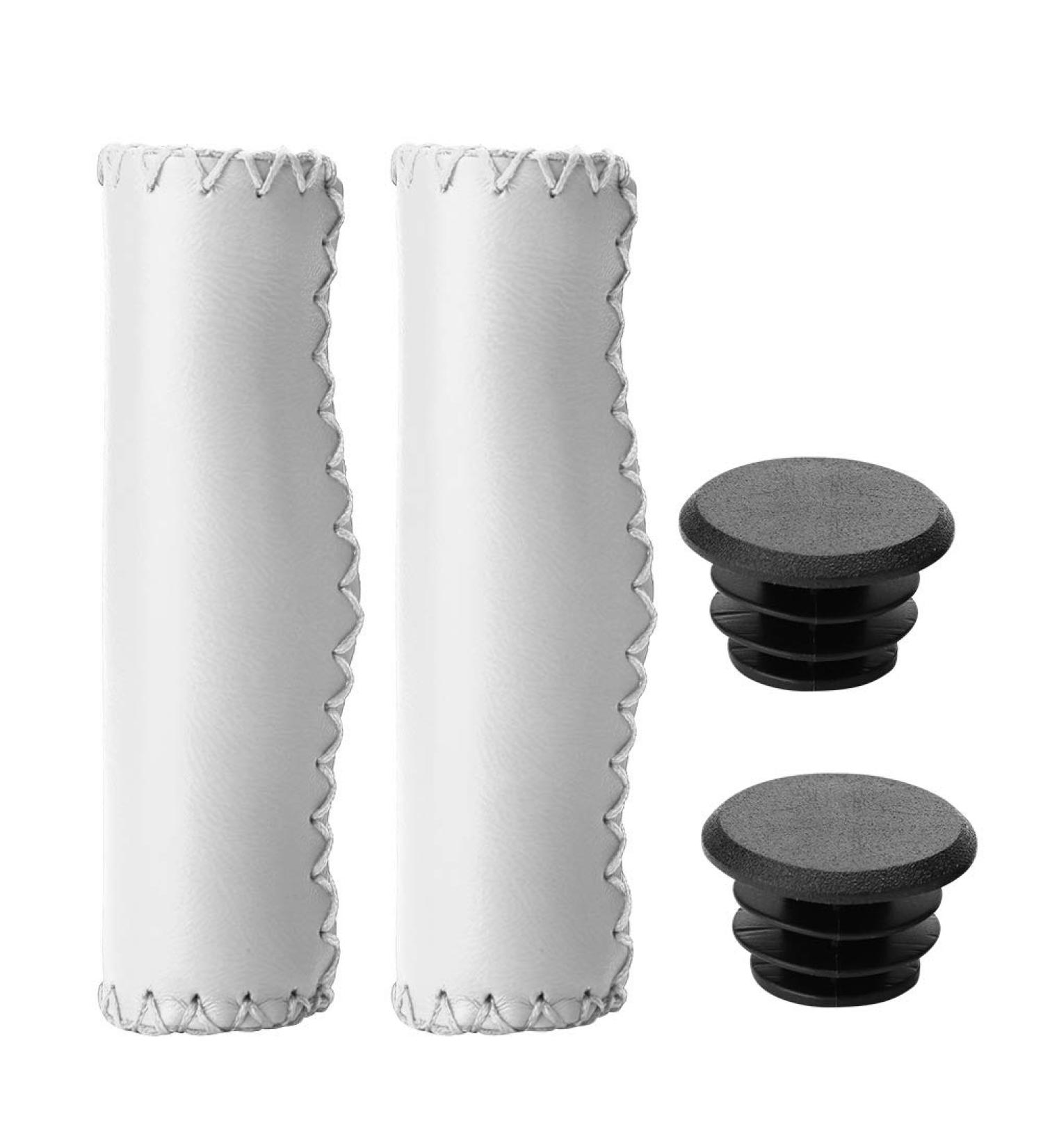 Vintage PU Leather Bike Handlebar Grips - Anti-Slip Hand-Stitched Grips for MTB, BMX, Road, Mountain Bikes - White - Buy Online on GoSupps.com