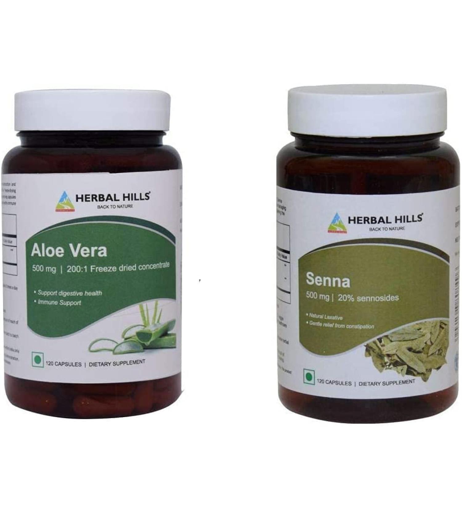 HERBAL HILLS Senna Capsules 120 & Aloe Vera Capsules 120 Count for Healthy Digestion and Detoxification Combo (Pack of 2) 240 Count - Buy Online on GoSupps.com