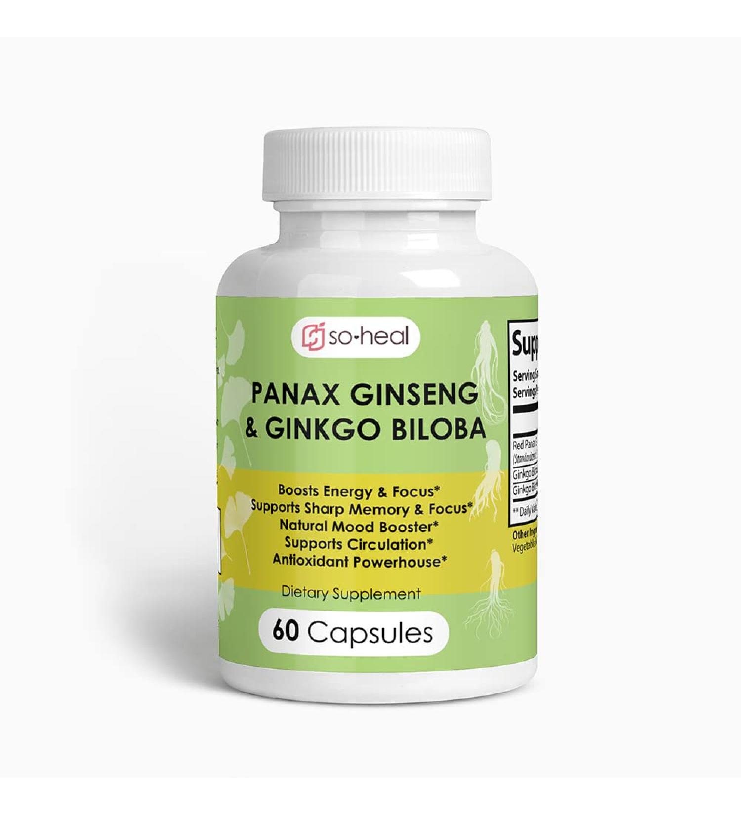 SoHeal Ginseng and Ginkgo Biloba. 30 Servings. 2-in-1 Non-Caffeinated Energy and Focus Supplement - Energy Booster Mental Clarity and Mood - Buy Online on GoSupps.com
