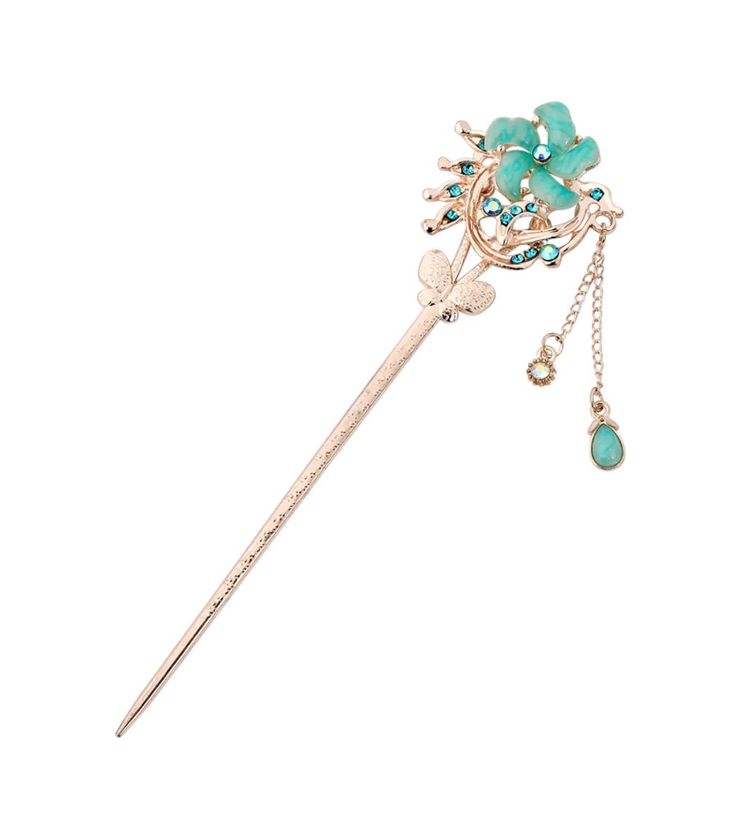 Awocan Chinese vintage hair sticks with tassel retro flowers hair hair needle hairstyle chignon hairpin dasif craps for women (blue)