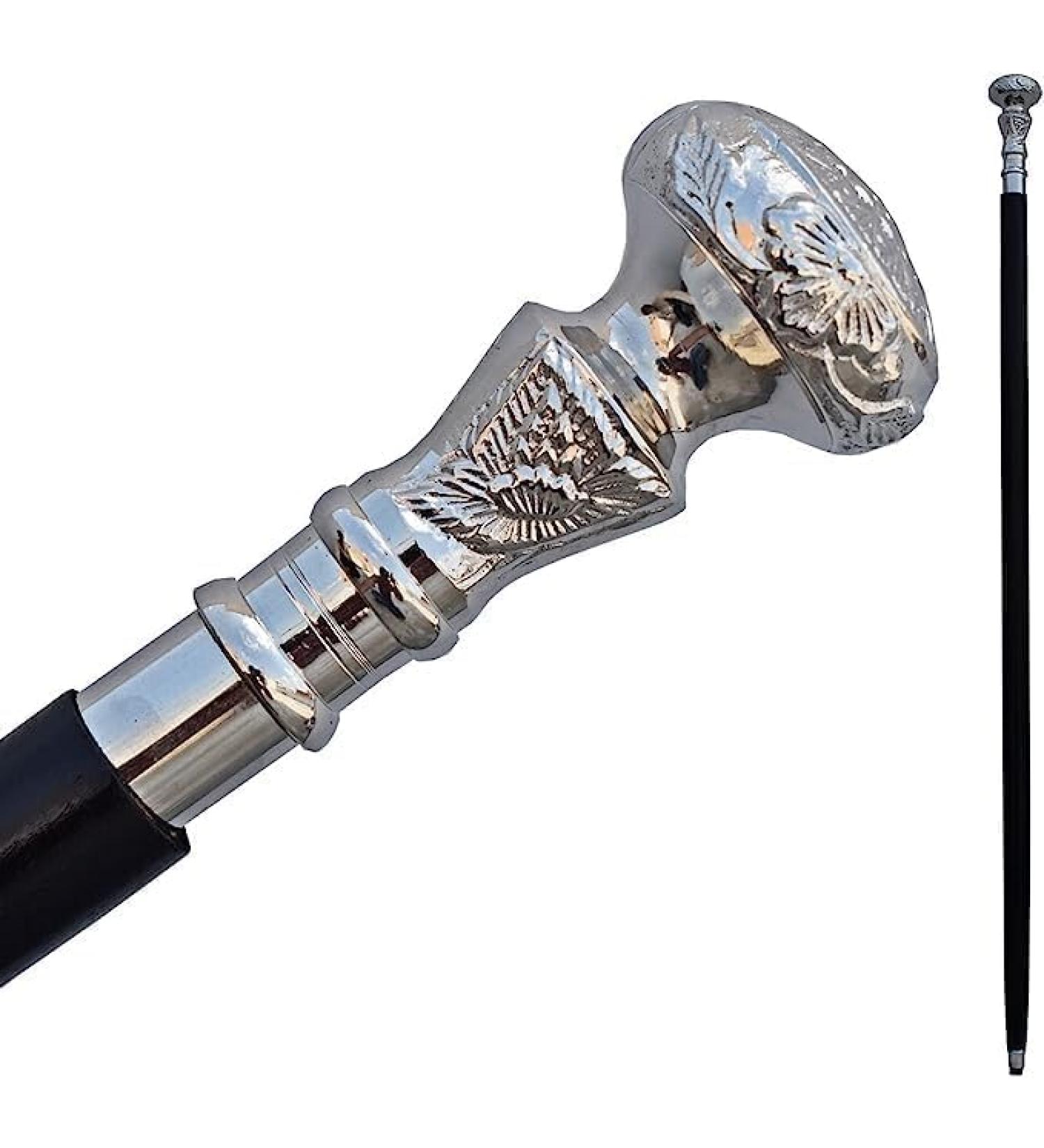 FICUS GIFT Silver Vintage Antique Walking Cane Wooden Walking Stick Silver Brass Handle Knob - Buy Online on GoSupps.com