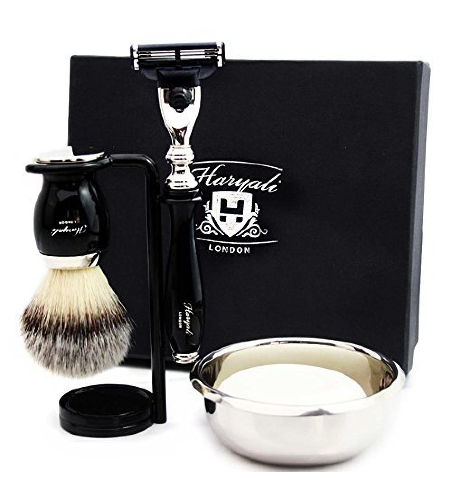 4 Pc Men's Shaving Kit - 3 Edge Razor Synthetic Badger Hair Brush Bowl & Stand | Perfect Gift for Men - Buy Online on GoSupps.com