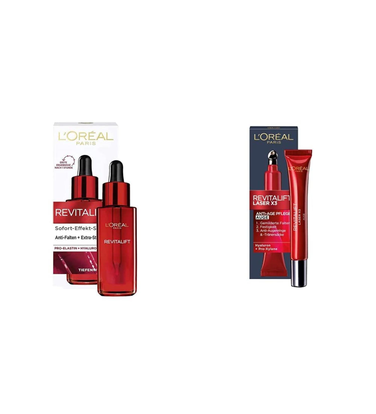 L'Or al Paris Hyaluron Serum & Revitalift Laser X3 Eye Care - Anti-Aging Hyaluronic Acid Reduces Wrinkles 30ml + 15ml - Buy Online on GoSupps.com