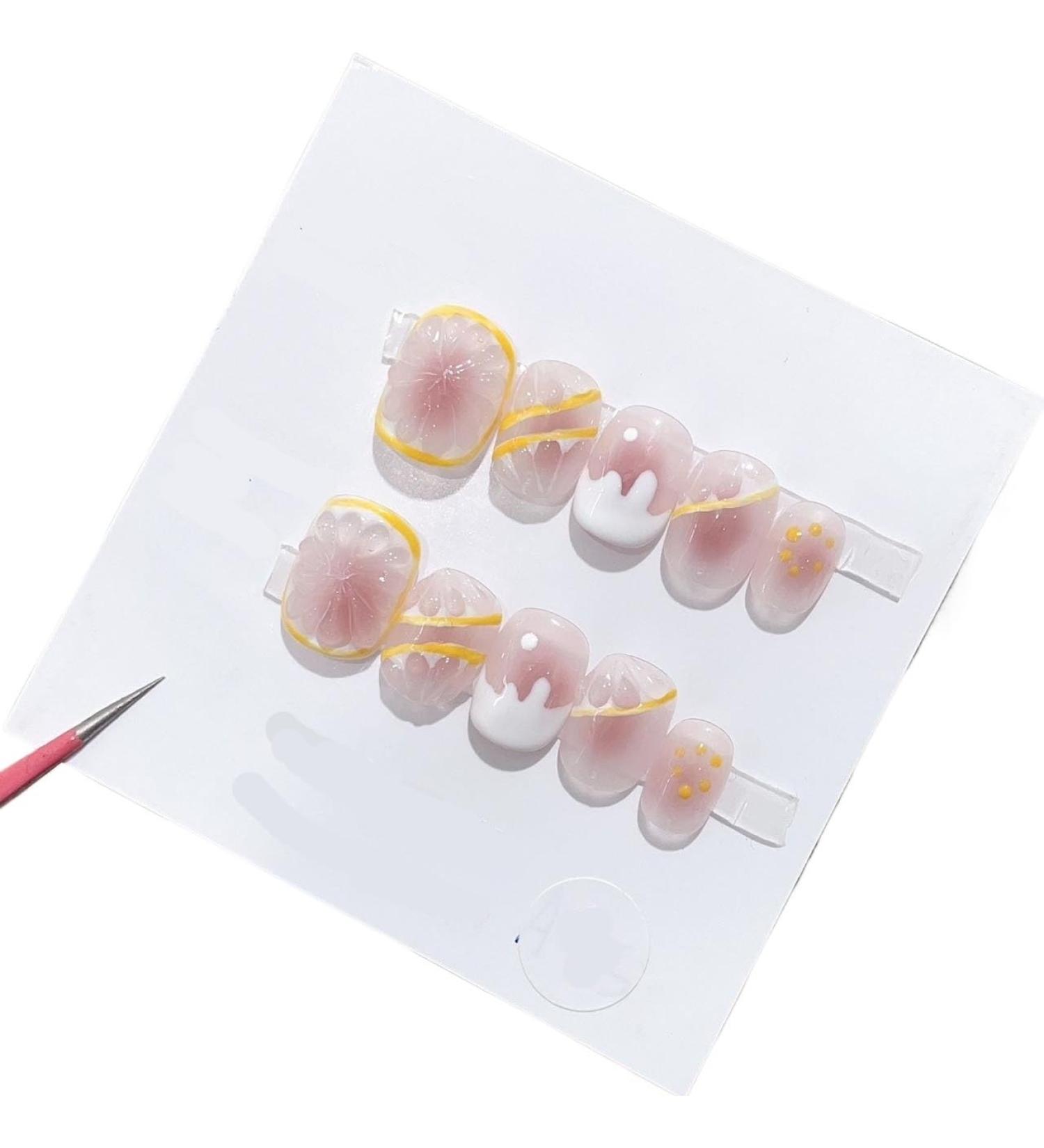 Summer lemon hand wear nail powder blusher halo dye cute short nail patch detachable(XS)