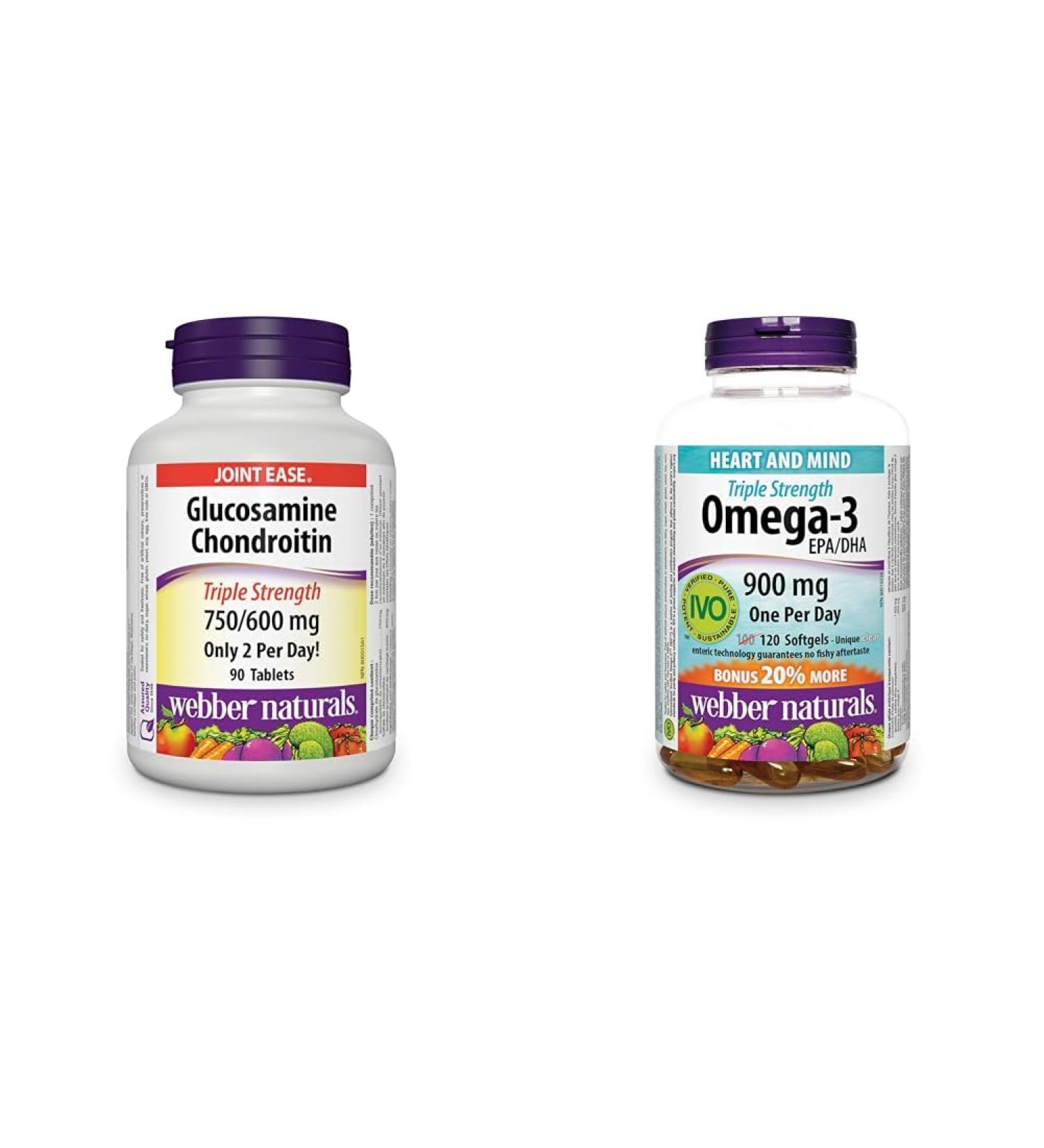Webber Naturals Glucosamine Chondroitin Triple Strength 90 Tablets & Omega-3 900 mg Triple Strength 120 Clear Enteric No Fishy Aftertaste Softgels Supports Cardiovascular Health and Brain Function - Buy Online on GoSupps.com