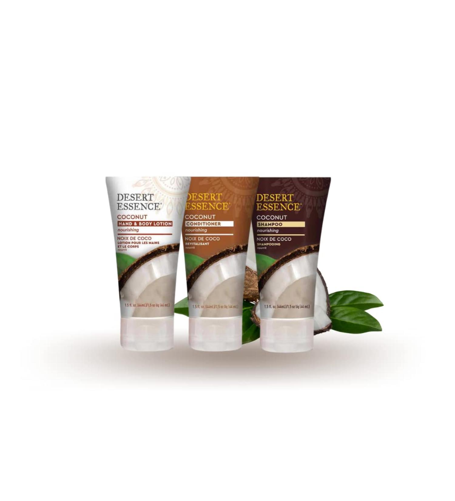 Desert Essence Coconut Shampoos Hair Conditioners and Hand & Body Lotions Travel Size Trio Pack 3 x 44mL - Buy Online on GoSupps.com