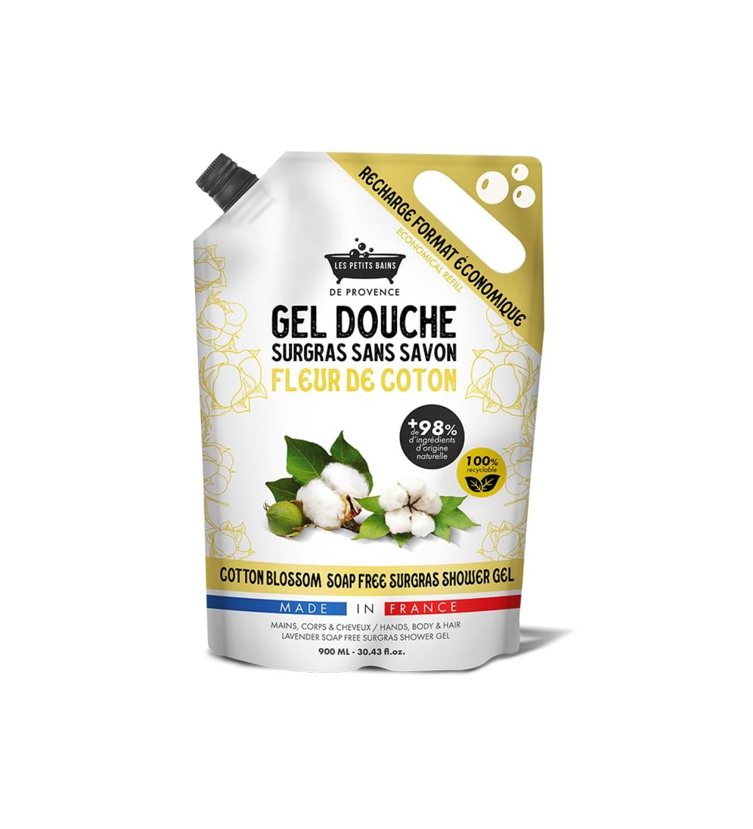 LES PETITS BAINS DE Provence Les Petits Bains de Provence Shower Gel Refill 900 ml Shower Gel Superfatted Soap Free +98% Natural Ingredients for Hands Body and Hair Recyclable