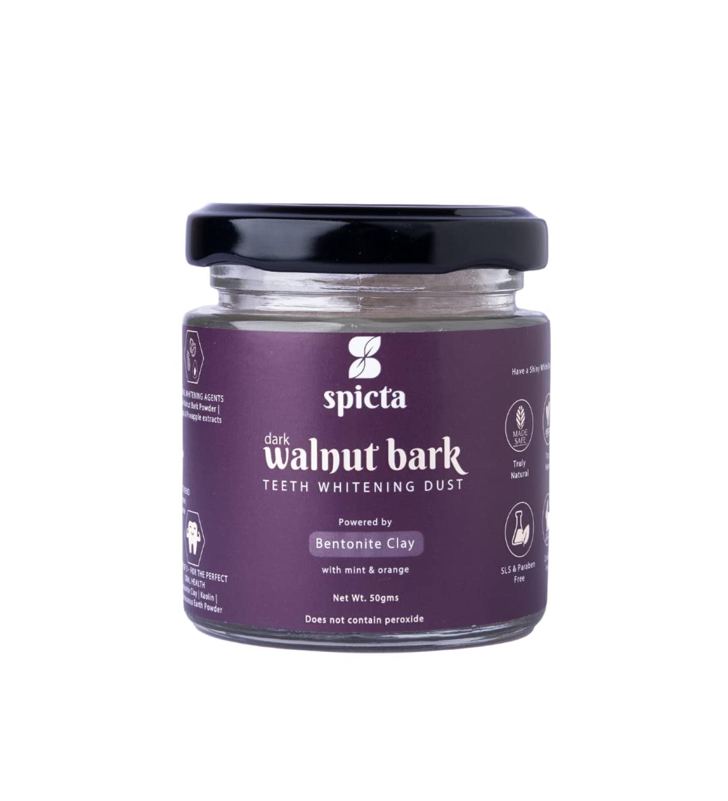 Spicta Walnut Bark Teeth Whitening Dust with Mint & Orange | Bentonite Clay Formula | Fluoride & Peroxide Free | SLS & Paraben Free | Non-Abrasive Whitening Powder - Freshens Breath, Prevents Plaque - Buy Online on GoSupps.com
