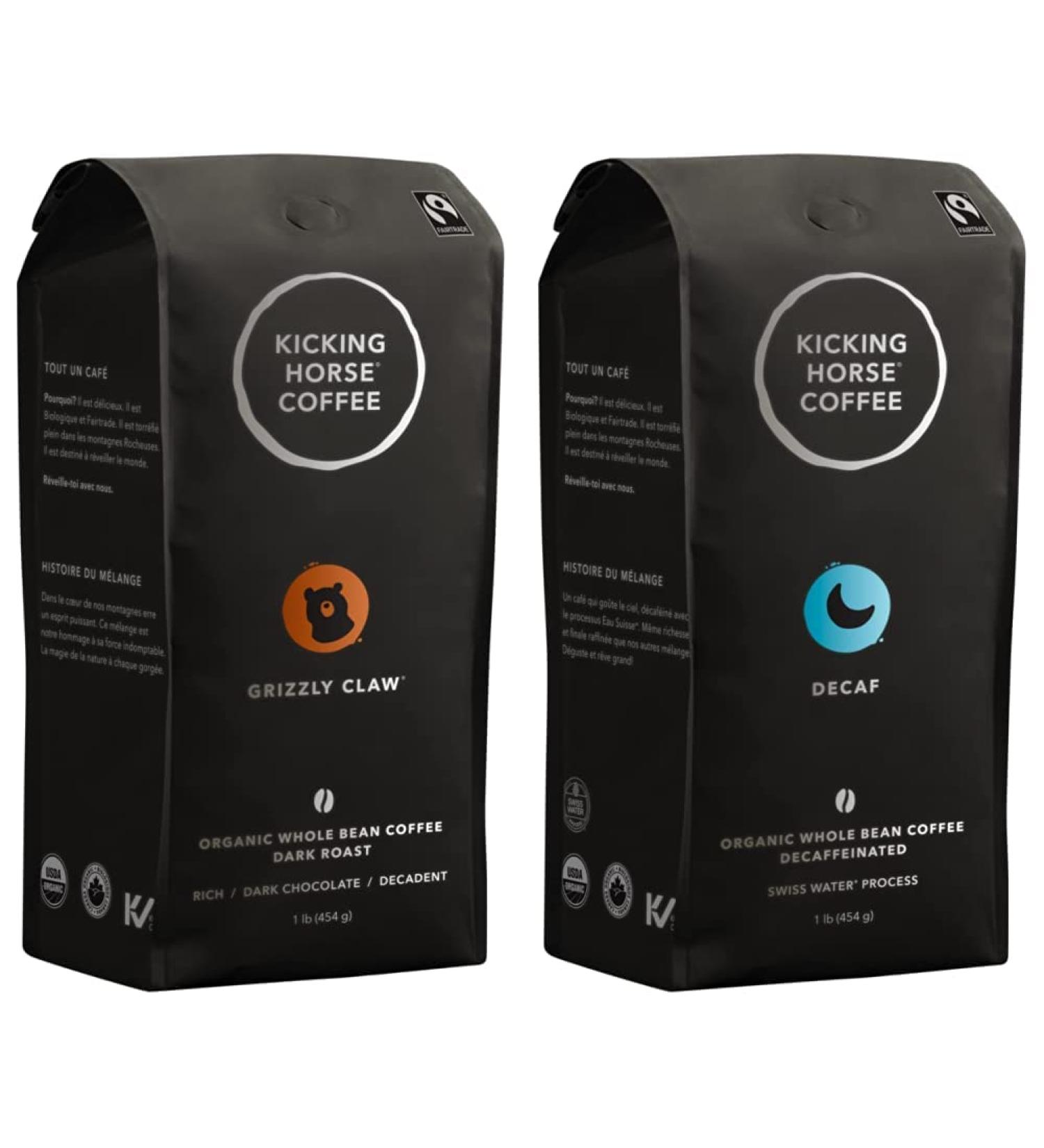 Kicking Horse Coffee Grizzly Claw Dark Roast Whole Bean & Kicking Horse Coffee Decaf Swiss Water Process Dark Roast Whole Bean 1 lb - Certified Organic Fairtrade Kosher Coffee