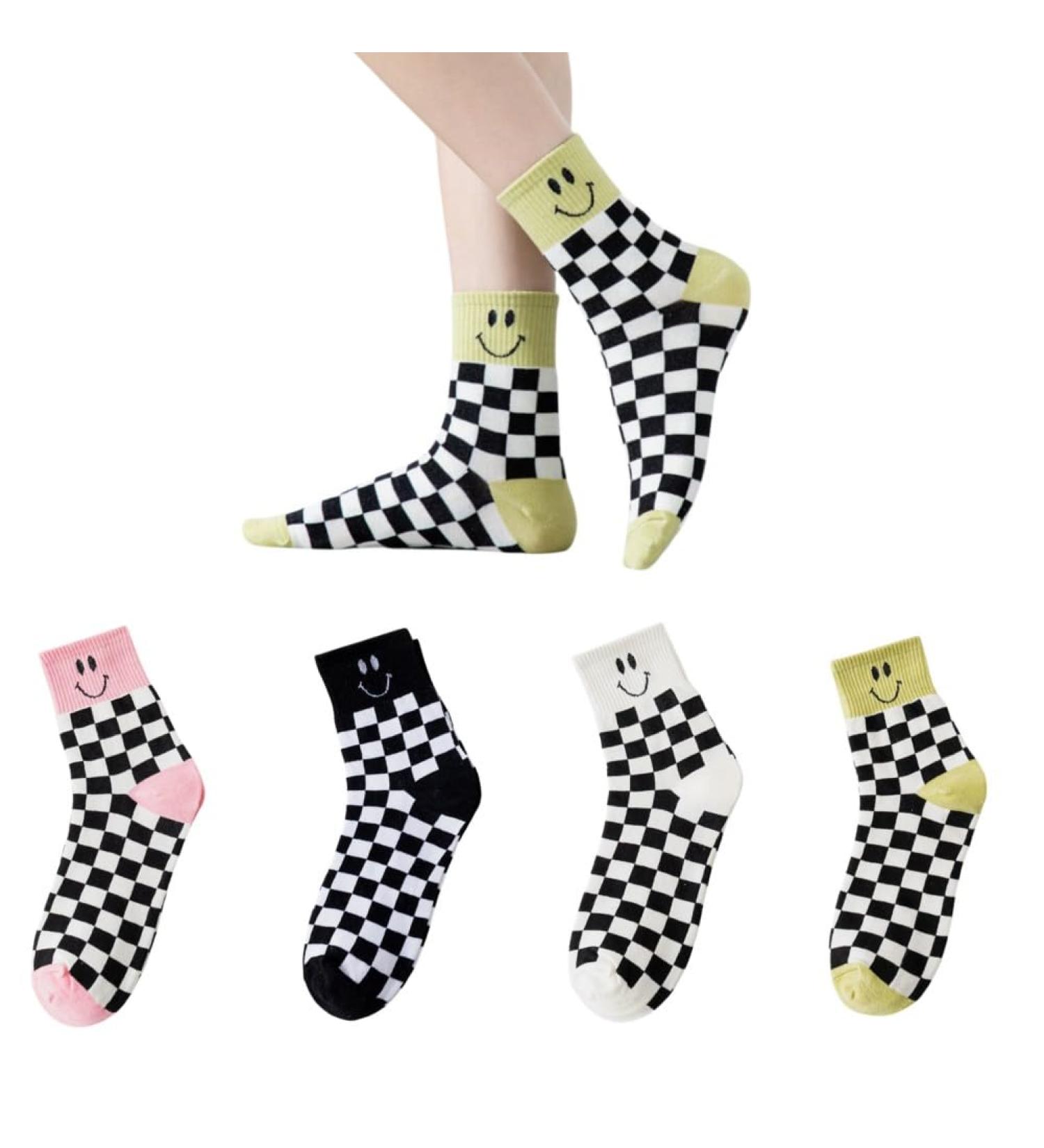 Akamas 4 Couple Black & White Checkered Ladies Socks - Smiling Face Pattern Colorful Breathable Cotton Crew Socks Perfect Gift for Girls - Buy Online on GoSupps.com