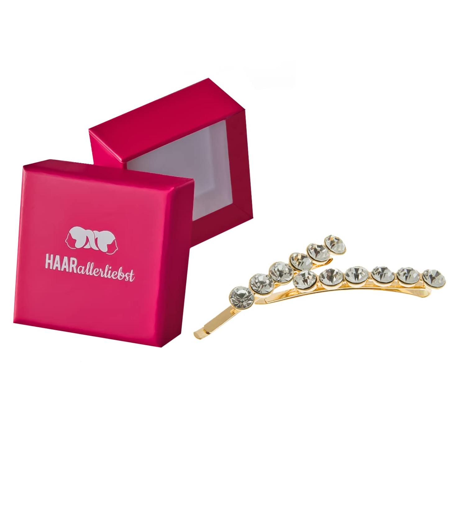HAARallerliebst Rhinestone Hair Clips - Gold 6 cm (2 Pieces) with Pink Storage Box | International Shipping - Buy Online on GoSupps.com