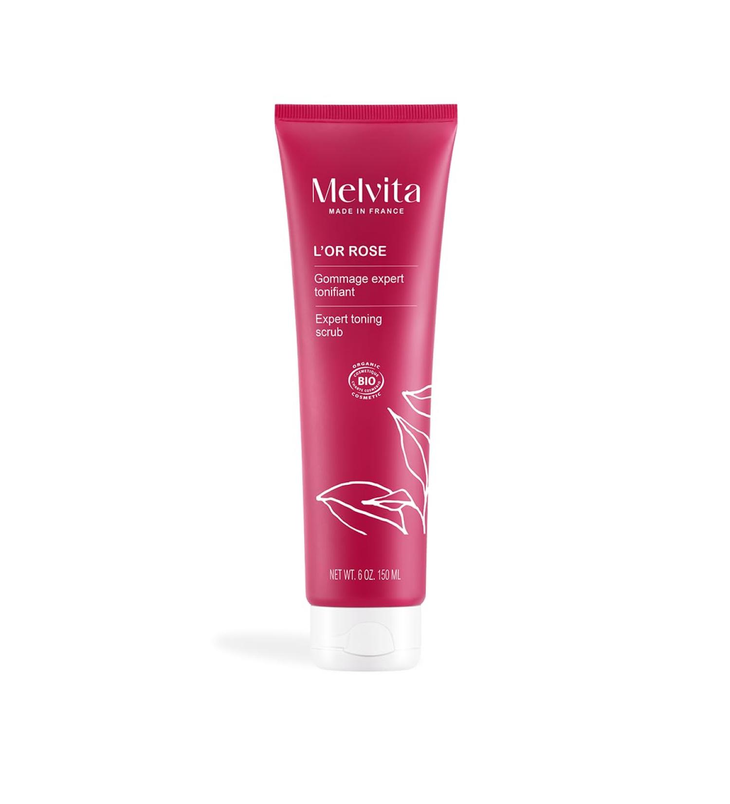 Melvita - Rose Gold Toning Expert Scrub - 99% Natural Firming Slimming Body Scrub - Certified Organic - Vegan Formula - Gently exfoliates firms and smoothes skin - Tube 150 ml - Buy Online on GoSupps.com