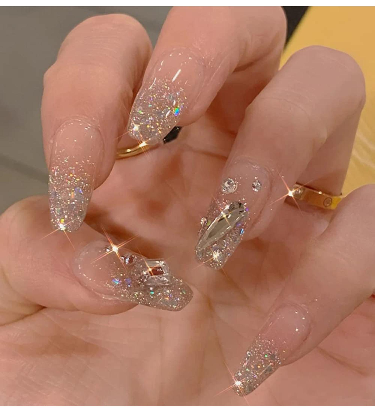 3D Rhinestone Pink Coffin Fake Nails Medium Length - Glossy Ballerina False Nails for Women | 24PCS - Buy Online on GoSupps.com