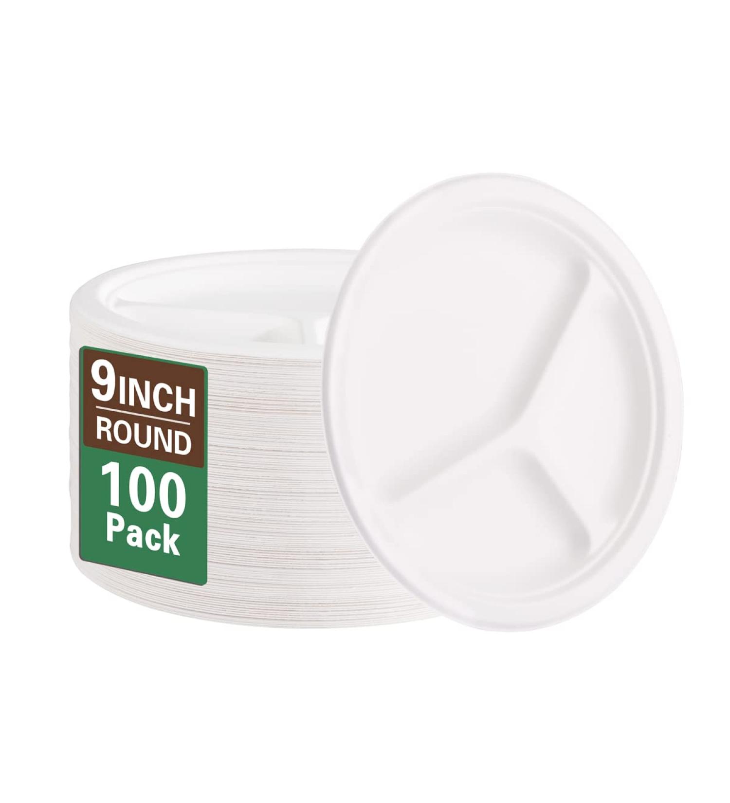 SUT 3 Compartment Plates Disposable 100-Pack - 9 Inch Heavy-Duty White Paper Plates | Biodegradable & Made of Natural Sugarcane Fibers - Buy Online on GoSupps.com