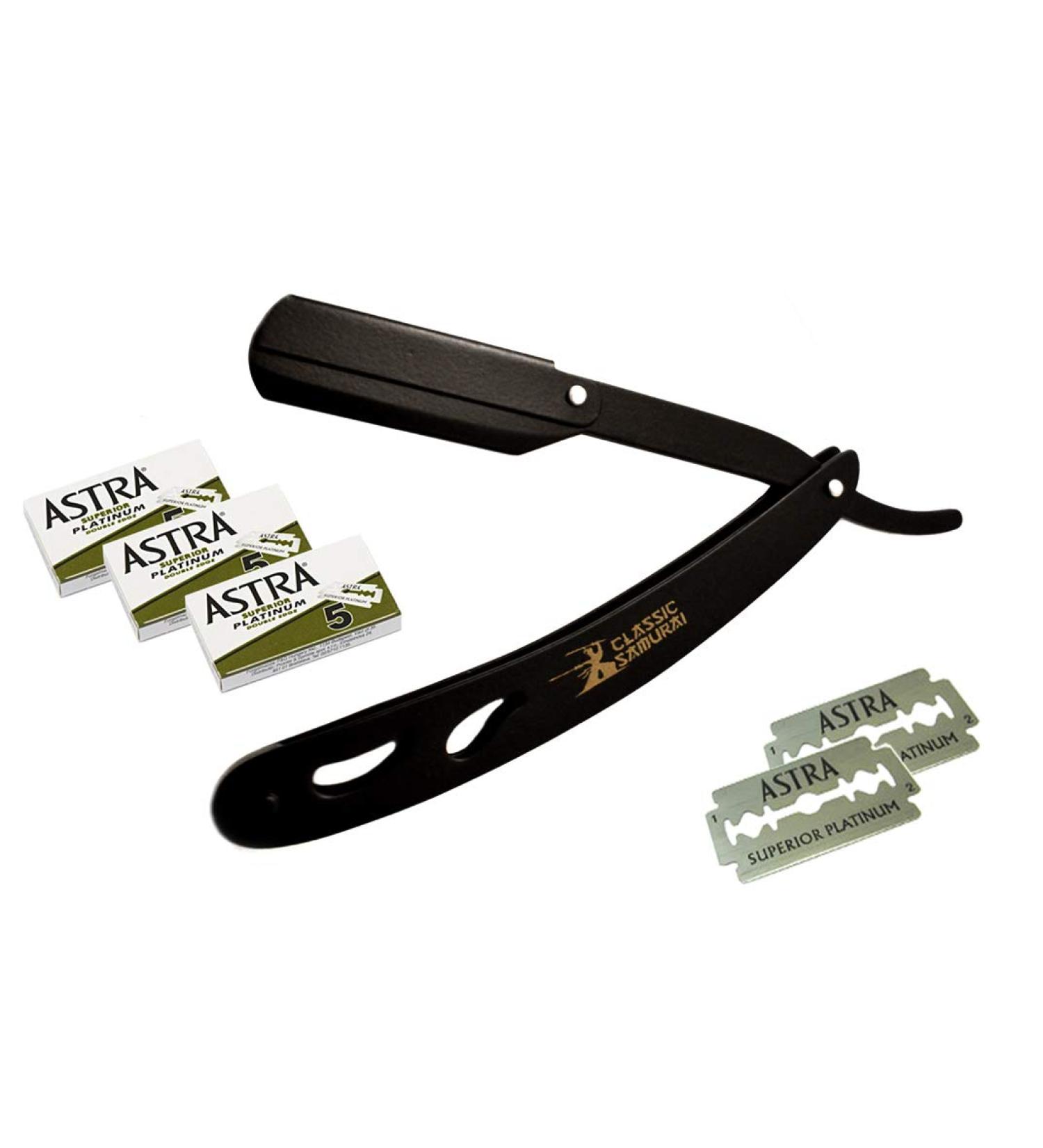 CS-102 Matte Black Folding Straight Razor Shavette + 15 Astra Double Edge Blades - Premium Shaving Kit for Men | International Shipping Available - Buy Online on GoSupps.com