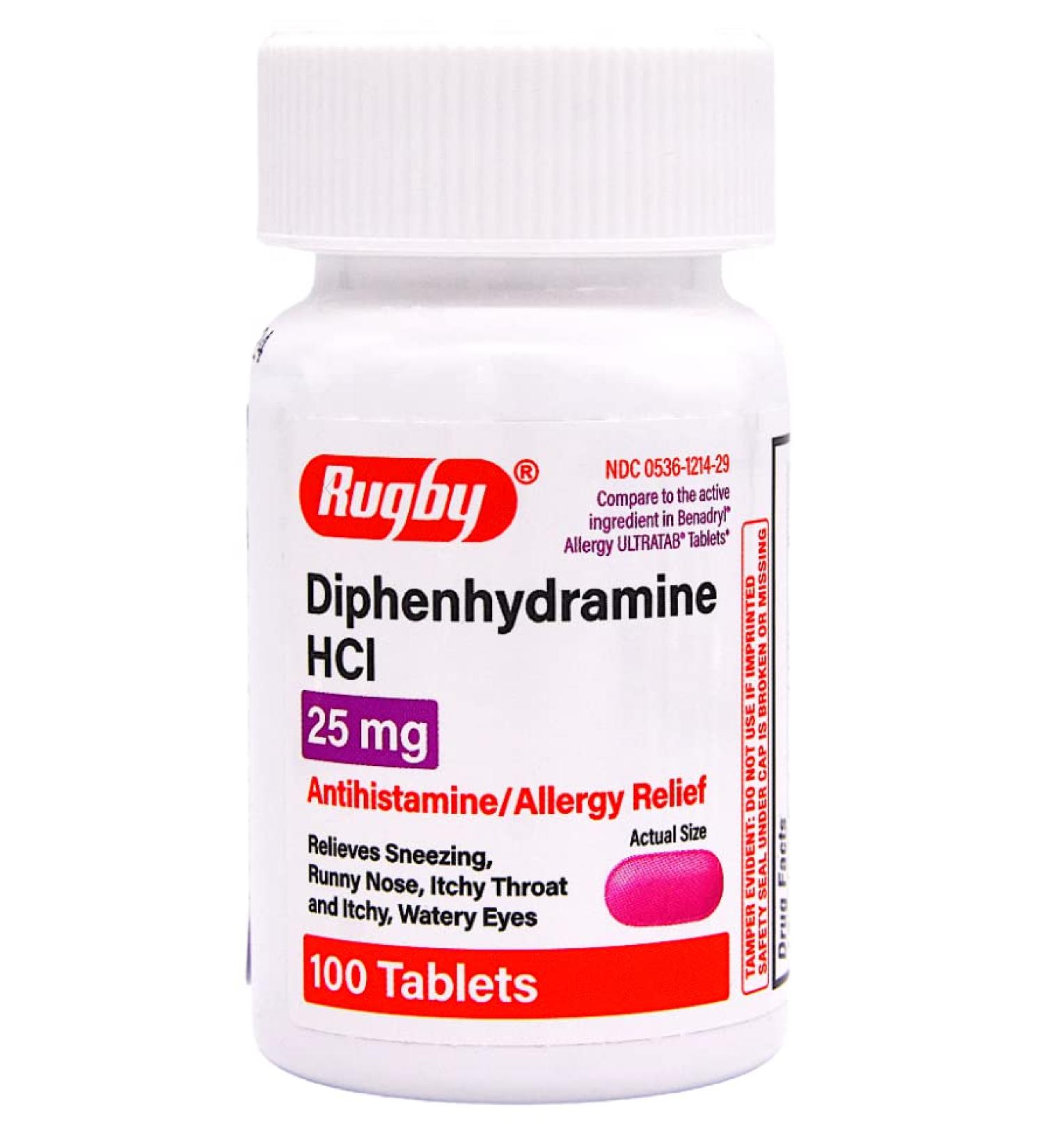 Rugby Diphenhydramine HCl 25mg Antihistamine Allergy Relief - 100 Tablets | Fast-Acting Formula - Buy Online on GoSupps.com