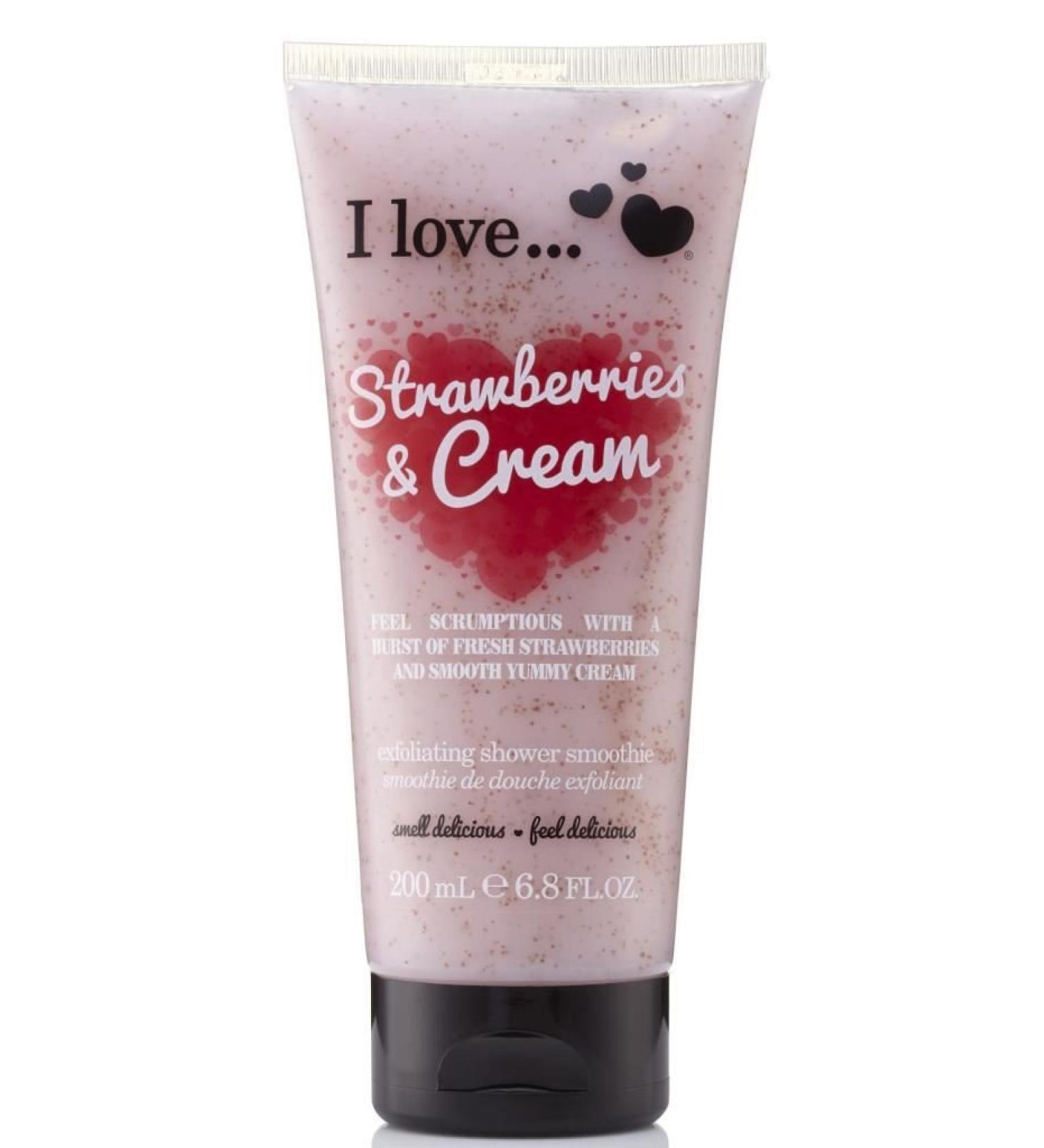 I LOVE Strawberries and Cream Exfoliating Shower Smoothie - Exfoliating Body Scrub and Body Wash - Cleanse and Soften Skin - Strawberry Scent - 6.8 oz