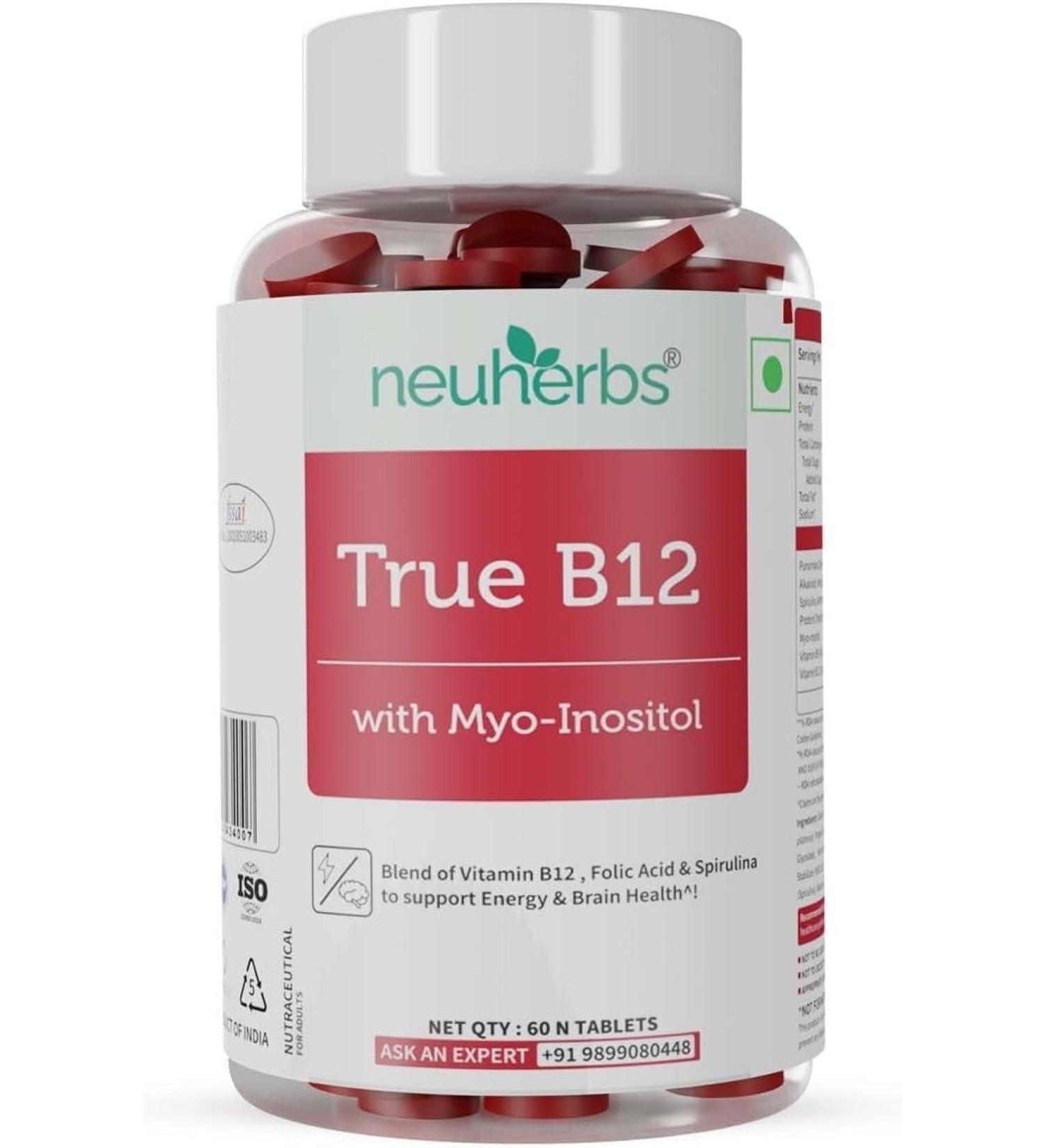 Plant-Based True B12 Supplements for Men & Women | with Myo-inositol Folic Acid & Spirulina | Supports Energy Brain Health & Better Absorption (60 Tablets) - Buy Online on GoSupps.com