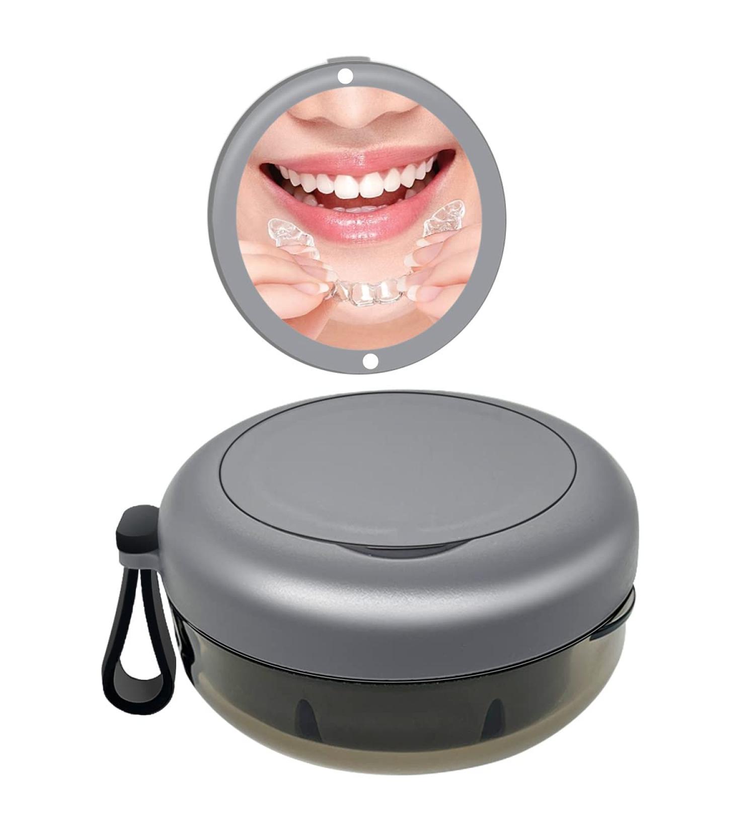 Denture Case Portable Denture Bath Box with Strainer & Mirror (Grey) - No-Leak Design - Buy Online on GoSupps.com
