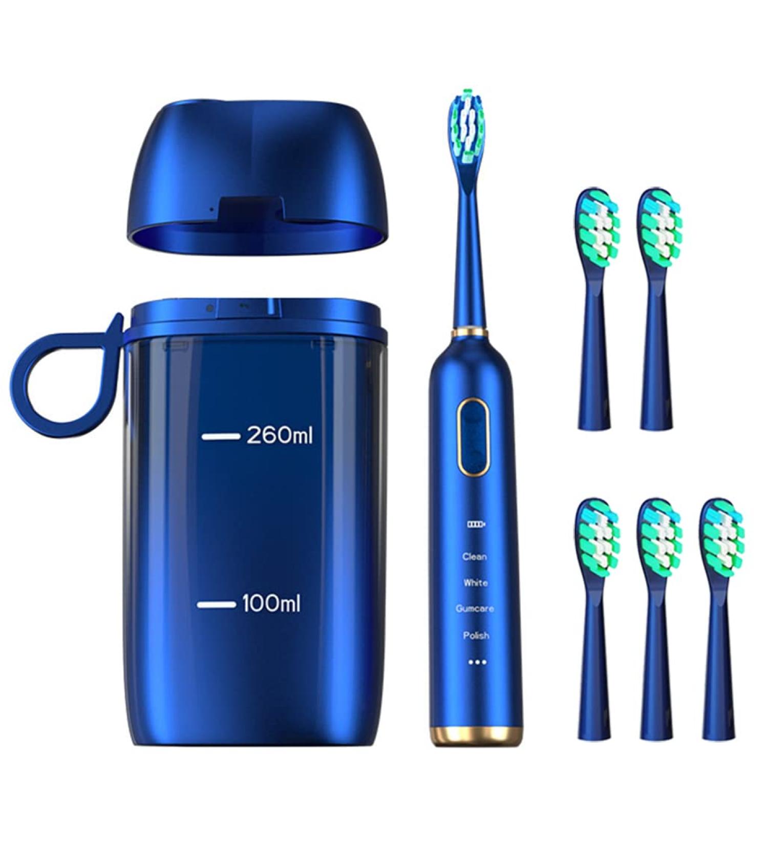 Sonic Electric Toothbrush Set | UV-C Cleaning, Air-Drying | 6 Brush Heads, Travel Case | 41000 VPM, 4 Modes, 3 Intensities | 90 Days Battery Life | Blue - Buy Online on GoSupps.com