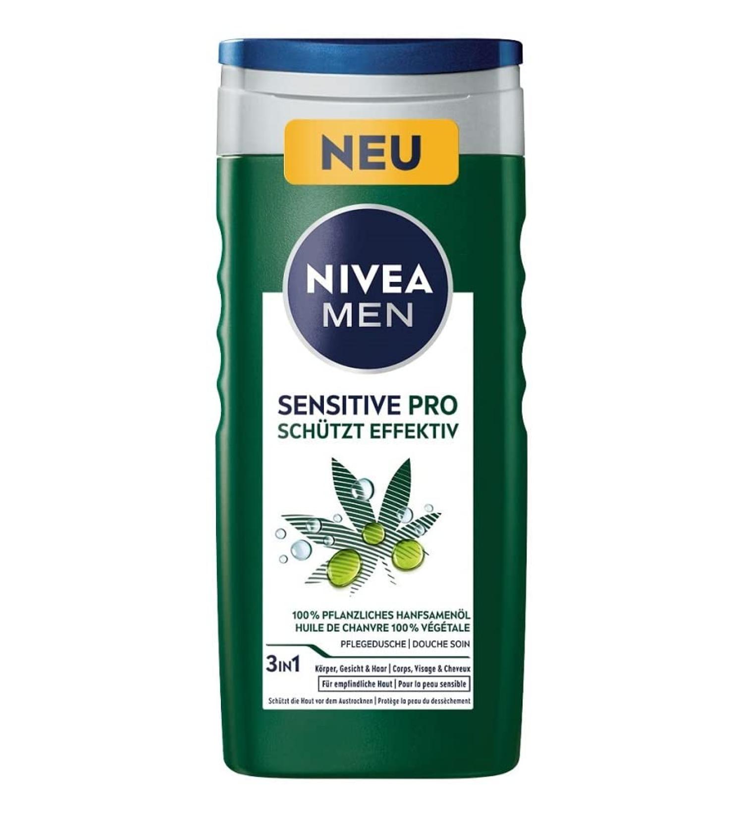 NIVEA NIVEA MEN Sensitive Pro Care Shower Gel 250ml Gentle pH shower gel with soothing hemp seed oil. Moisturizing cream for body face and hair.