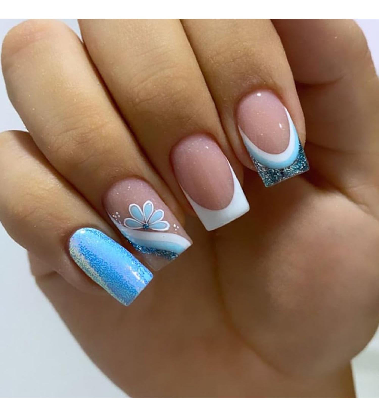 French Tip Press on Nails - Short Square Press On Nails with Nail Tips White edged Sparkling Blue and Light Blue Flowers press on nails Acrylic False Nails Cute Artificial Nails - Buy Online on GoSupps.com