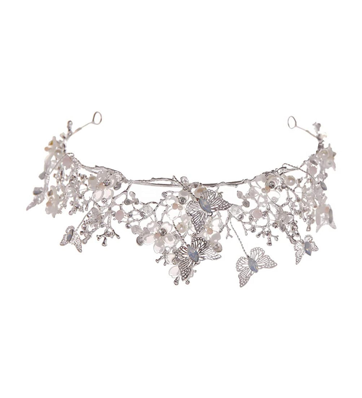 HEALLILY Baroque Crystal Butterfly Flower Tiara Crown - Bridal Headband for Women in Silver - Buy Online on GoSupps.com