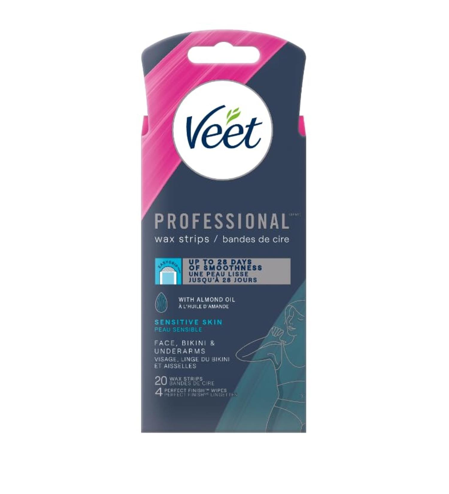 VEET Professional Wax Strips Face Bikini & Underarm For Sensitive Skin with Almond Oil Face 20 ct - Buy Online on GoSupps.com