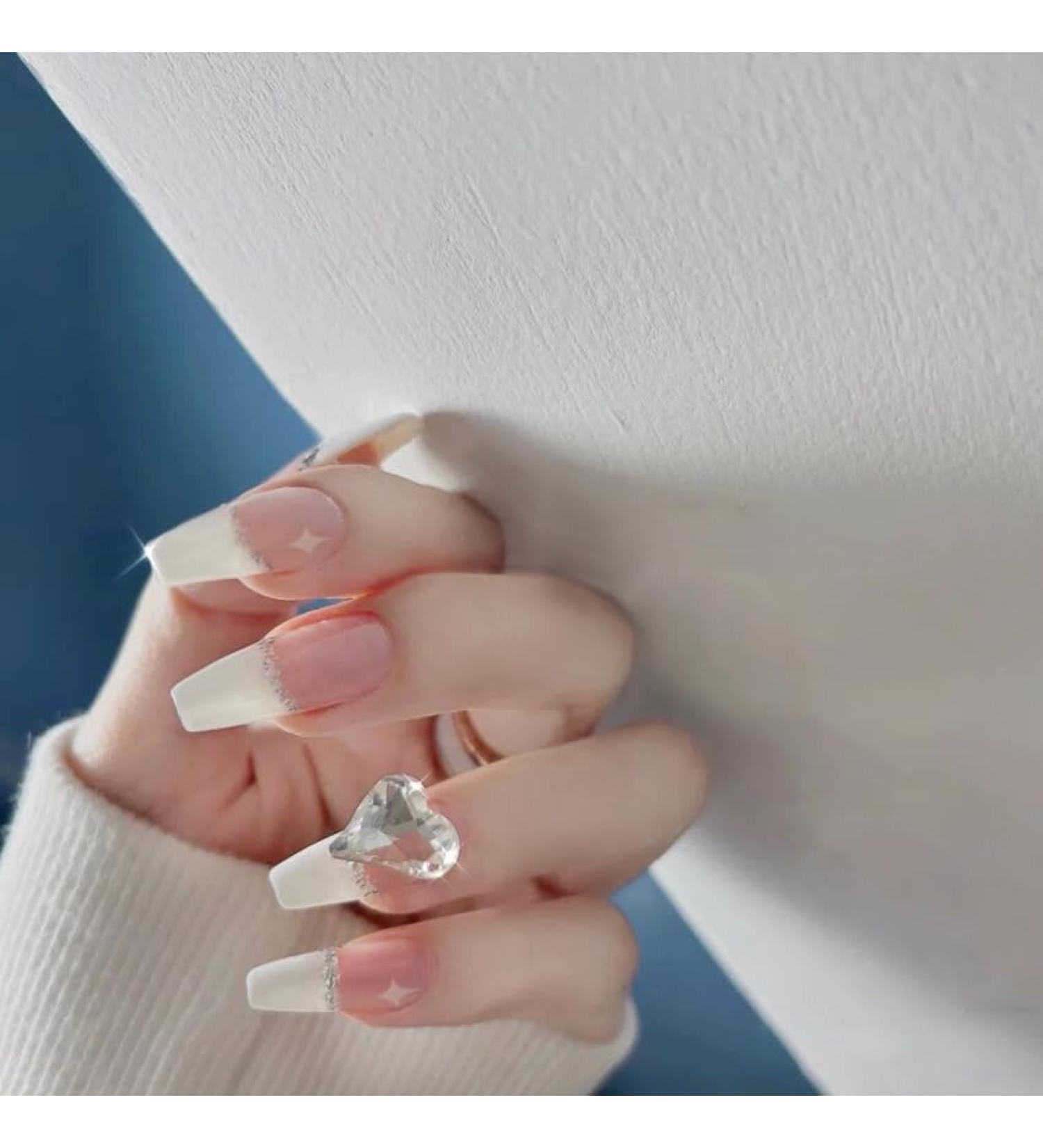 24Pcs/Set Press On Nails Pink and white nails with sparkling peach diamond long False Nails Acrylic Fake Nails Full Cover Nails Tips Artificial Finger Manicure Press on nails for Women and Girls - Buy Online on GoSupps.com