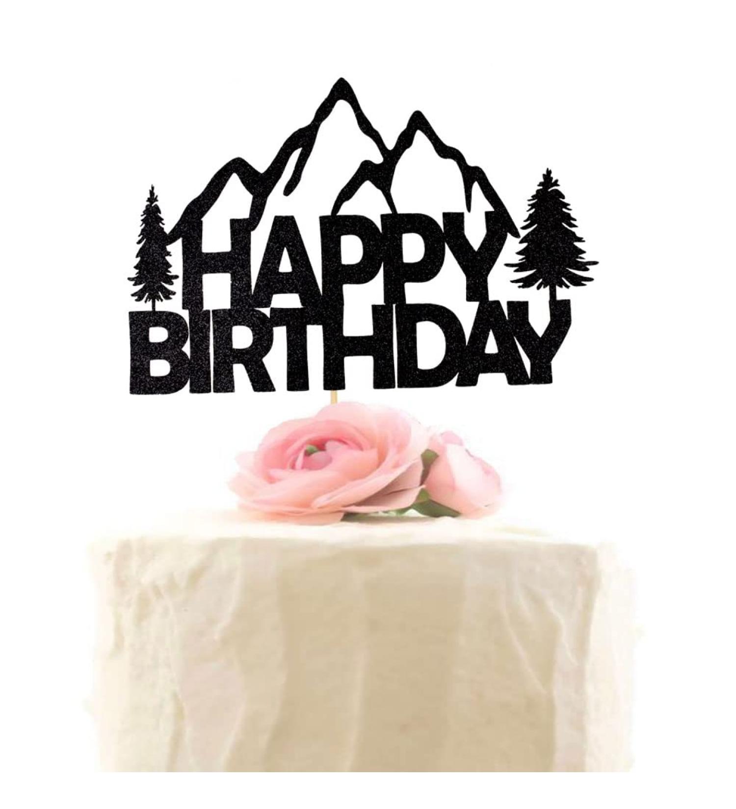 Mountain Happy Birthday Cake Topper Mountain-Climbing Themed Birthday Party Decorations Black Glitter - Buy Online on GoSupps.com