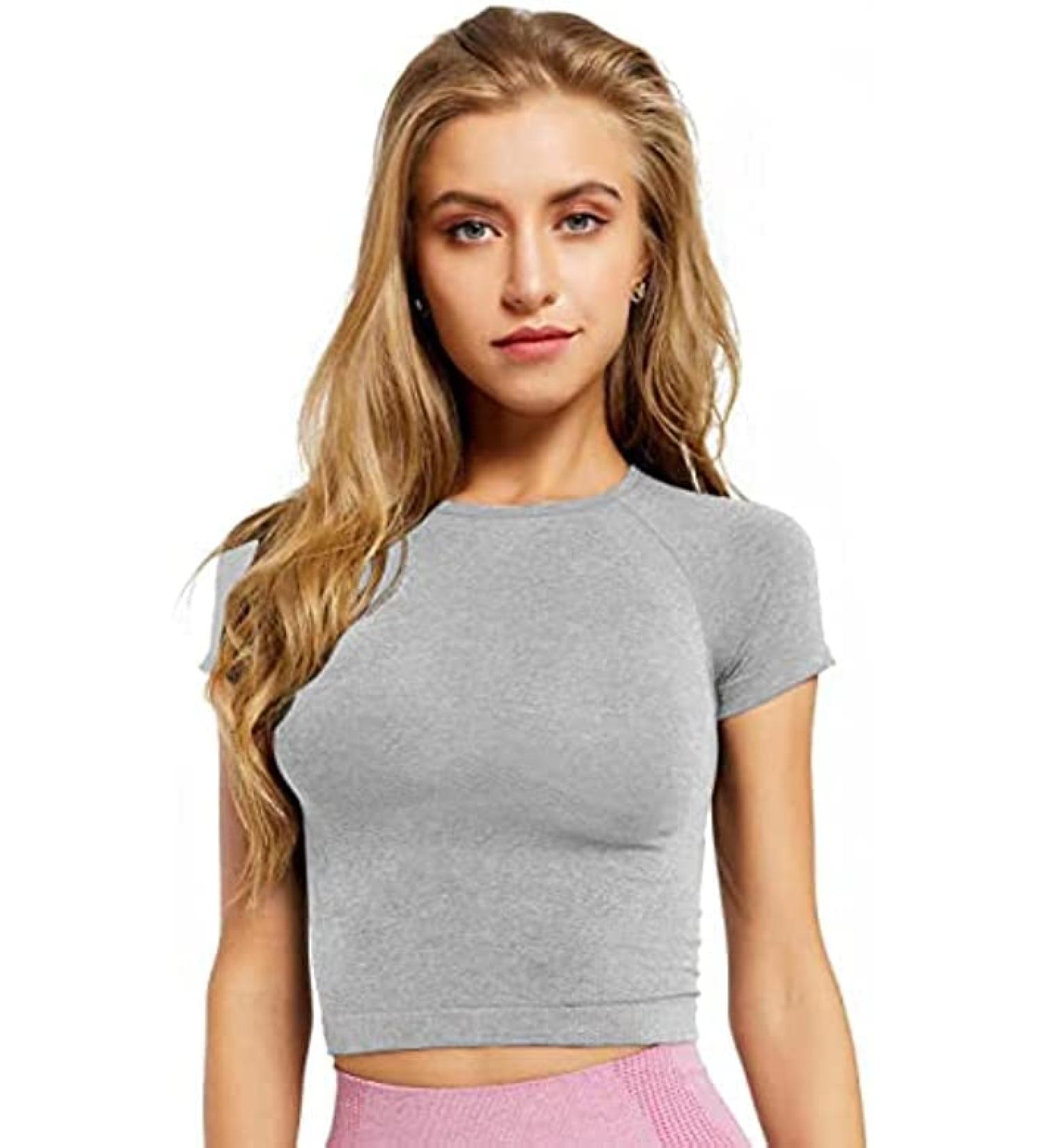 Vanoluya Seamless Crop Top for Women | Yoga Fitness Tee | Gym Tank Top - Medium Grey - Buy Online on GoSupps.com