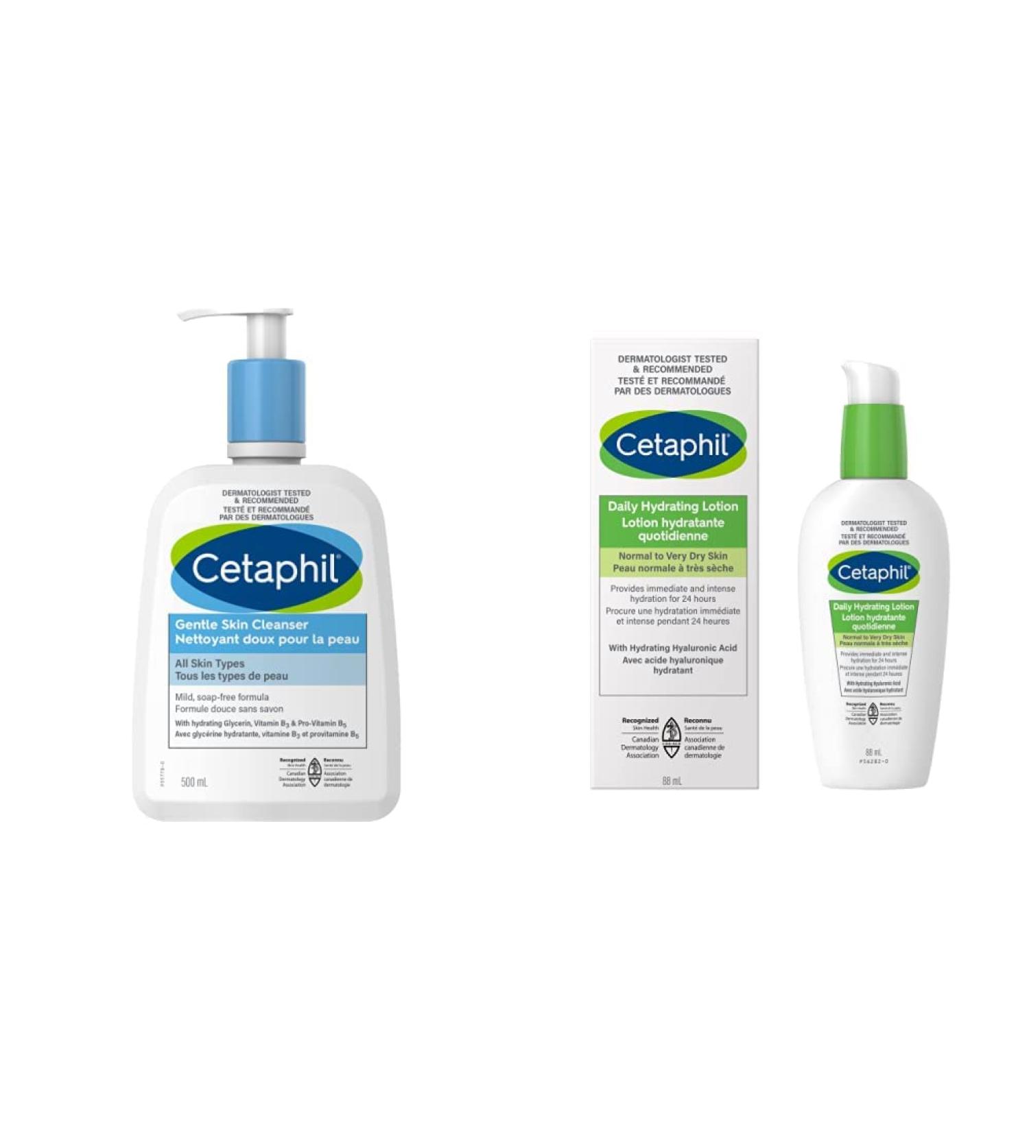 Cetaphil Gentle Skin Cleanser (500ml) + Cetaphil Daily Hydrating Lotion with Hyaluronic Acid (88ml) 2 Piece Set Bundle Gentle Skin Cleanser + Hydrating Lotion - Buy Online on GoSupps.com