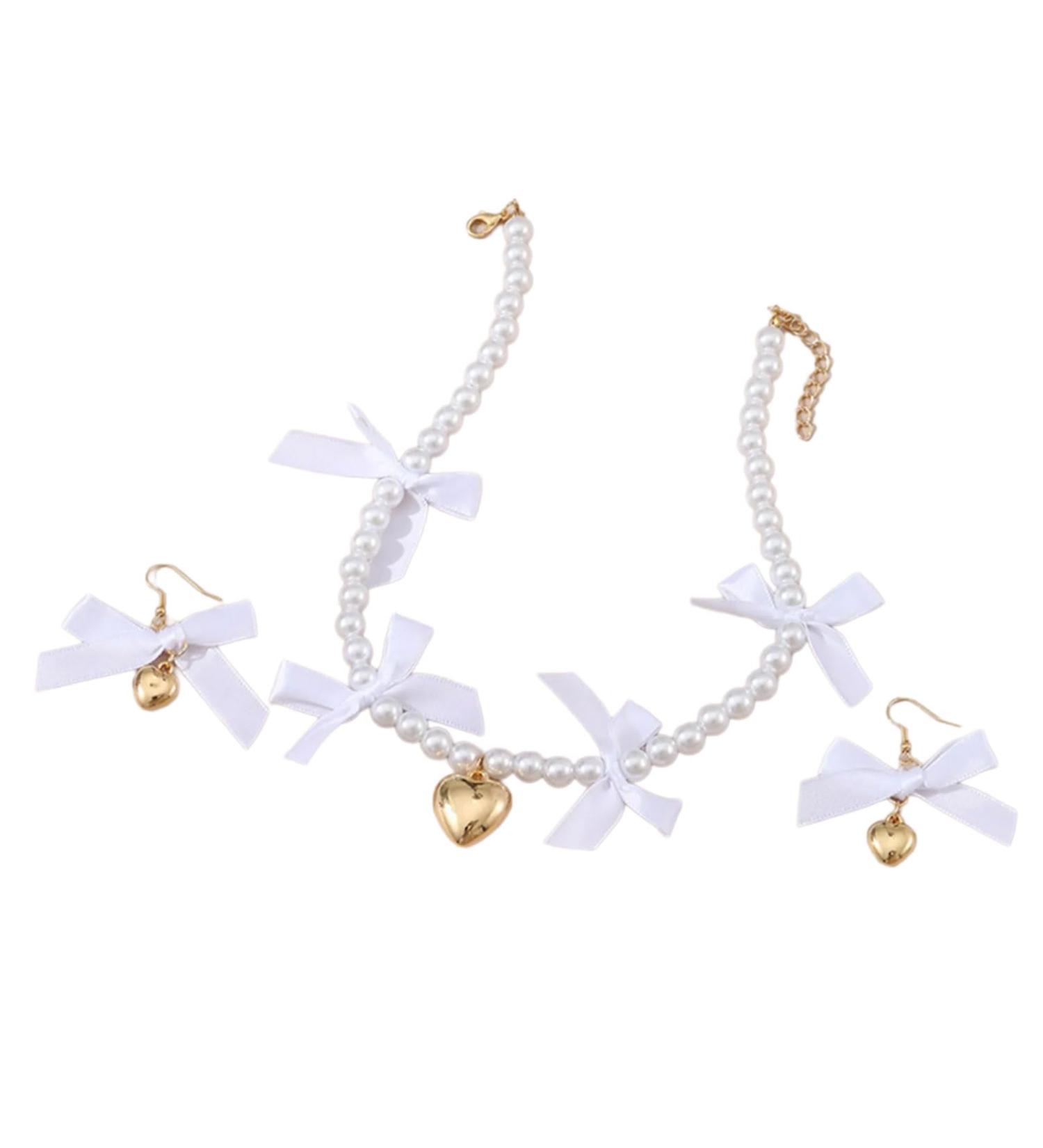 Shop OralGos Pretty Heart Pendant Jewelry Set | Fashion Pearl Necklace & Earrings with Bow for Parties - White - Buy Online on GoSupps.com