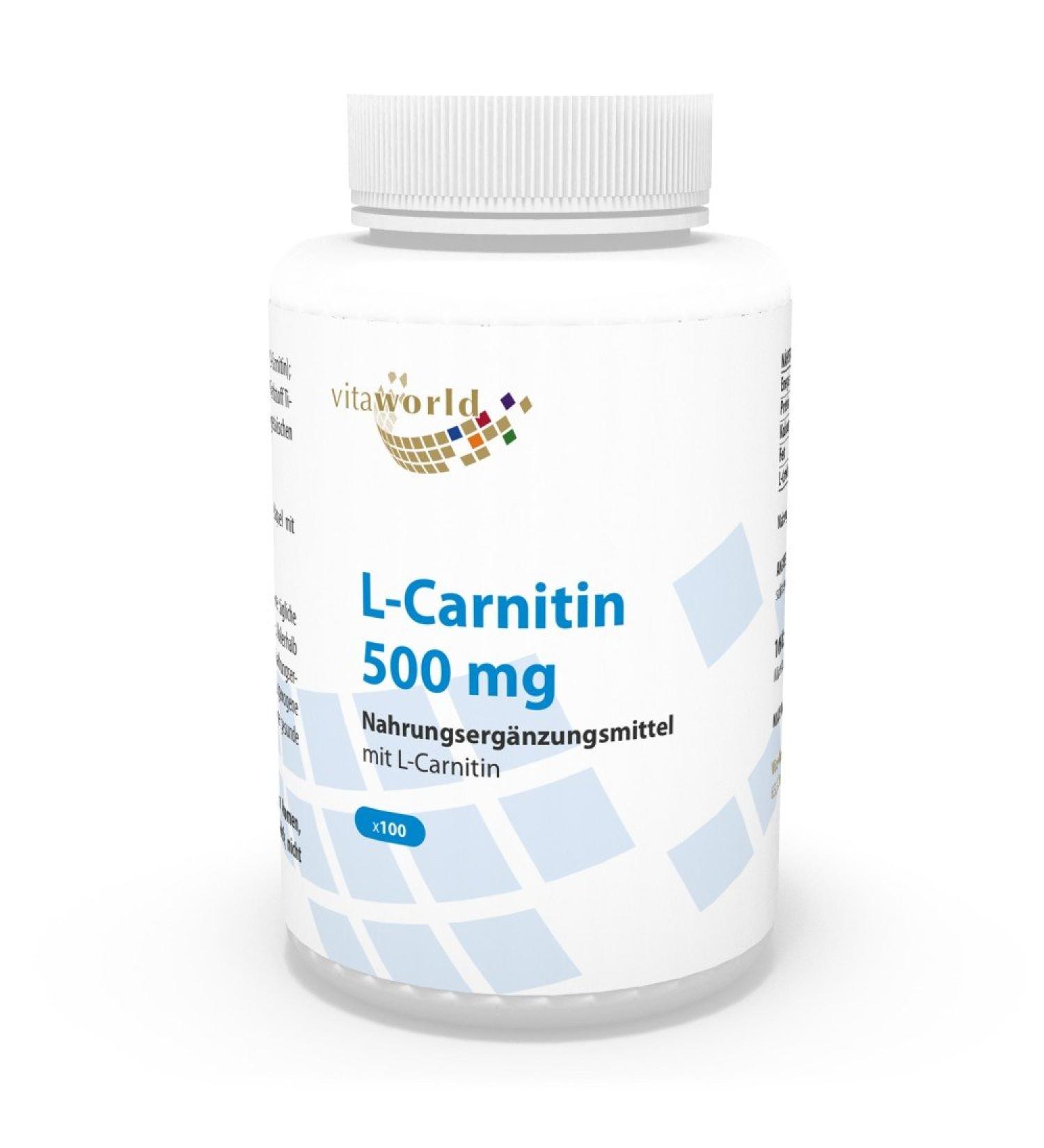 Vita World L-Carnitine 500Mg 100 Capsules Vegan/Vegetarian Made in Germany