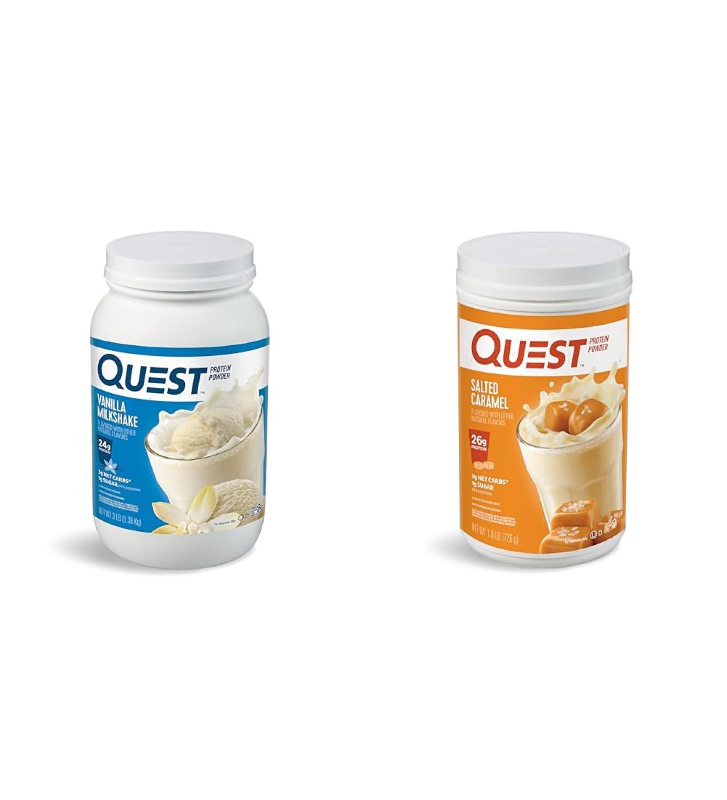 Quest Nutrition Vanilla Milkshake Protein Powder 24g of Protein 1g of Sugar Low Carb Gluten Free 3 Pound 43 servings & Salted Caramel Protein Powder 26g Protein 1g Sugar Low Carb Gluten Free - Buy Online on GoSupps.com